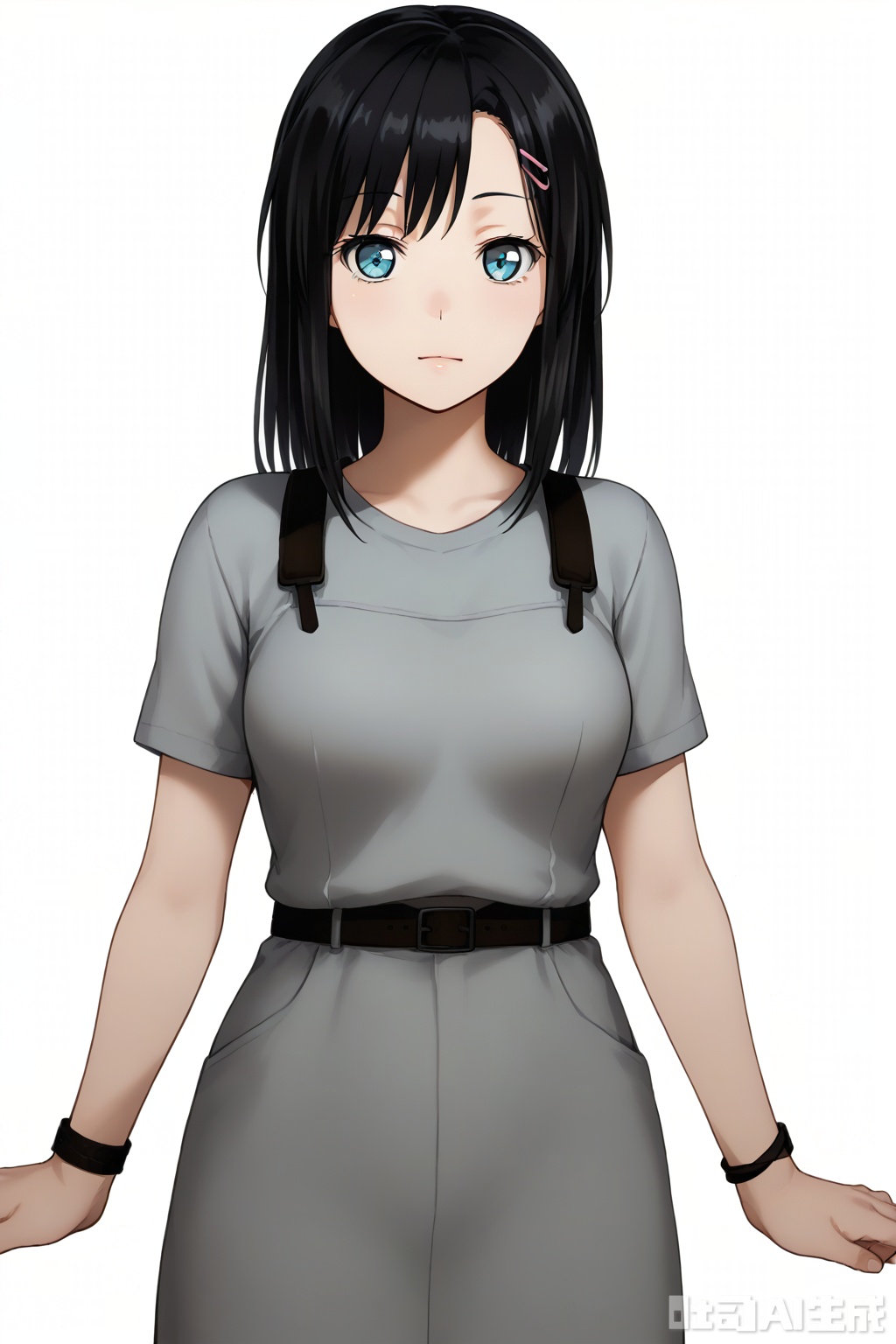 masterpiece, best quality,solo,((white background:1.2)),simple background,
looking at viewer,Okusawa Misaki,long hair,bangs,blue eyes,black hair, hair ornament,hairclip,medium hair