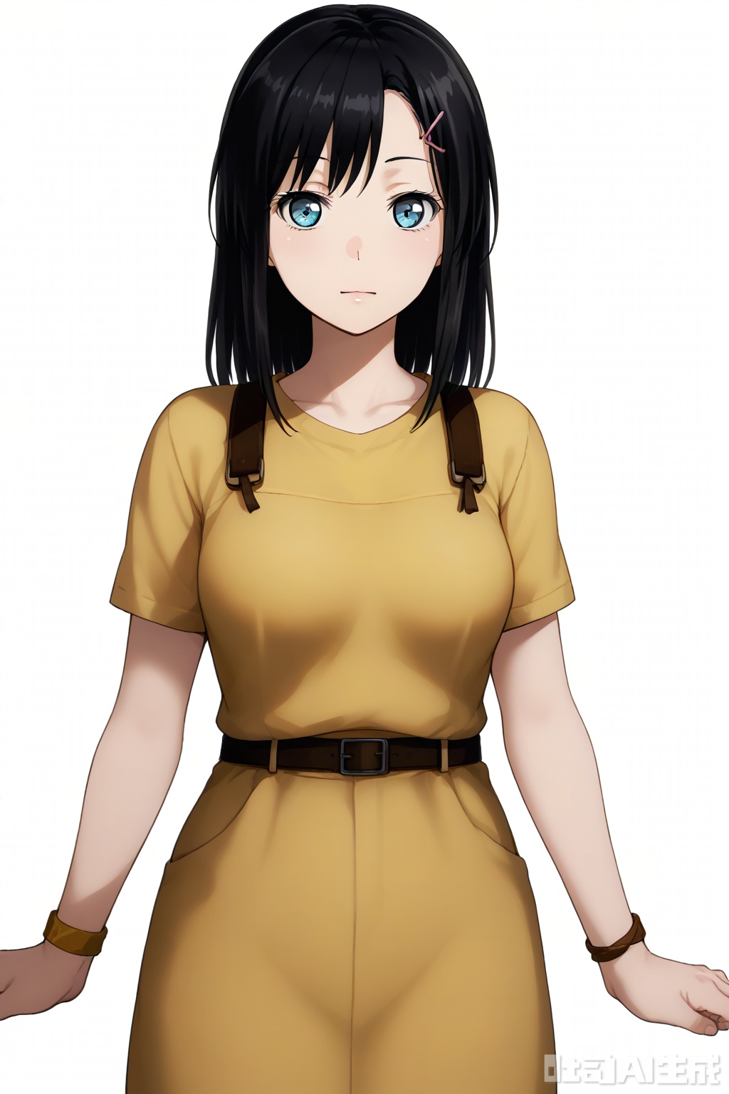 masterpiece, best quality,solo,((white background:1.2)),simple background,
looking at viewer,Okusawa Misaki,long hair,bangs,blue eyes,black hair, hair ornament,hairclip,medium hair