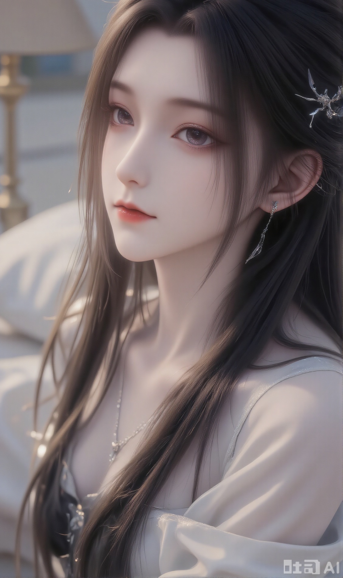 1girl, solo, long hair, looking at viewer, shirt, black hair, hair ornament, closed mouth, white shirt, upper body, short sleeves, lying, indoors, pillow, bed, on bed, realistic, lamp
