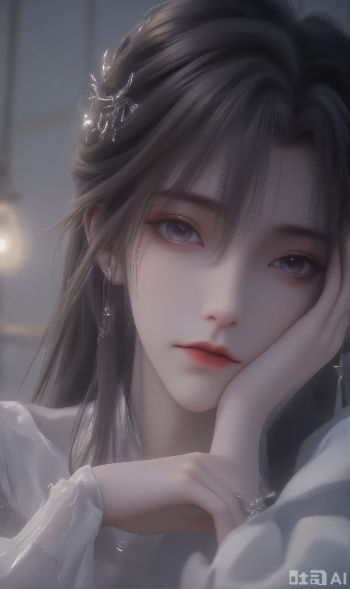 1girl, solo, long hair, looking at viewer, shirt, black hair, hair ornament, closed mouth, white shirt, upper body, short sleeves, lying, indoors, pillow, bed, on bed, realistic, lamp, hands on own face