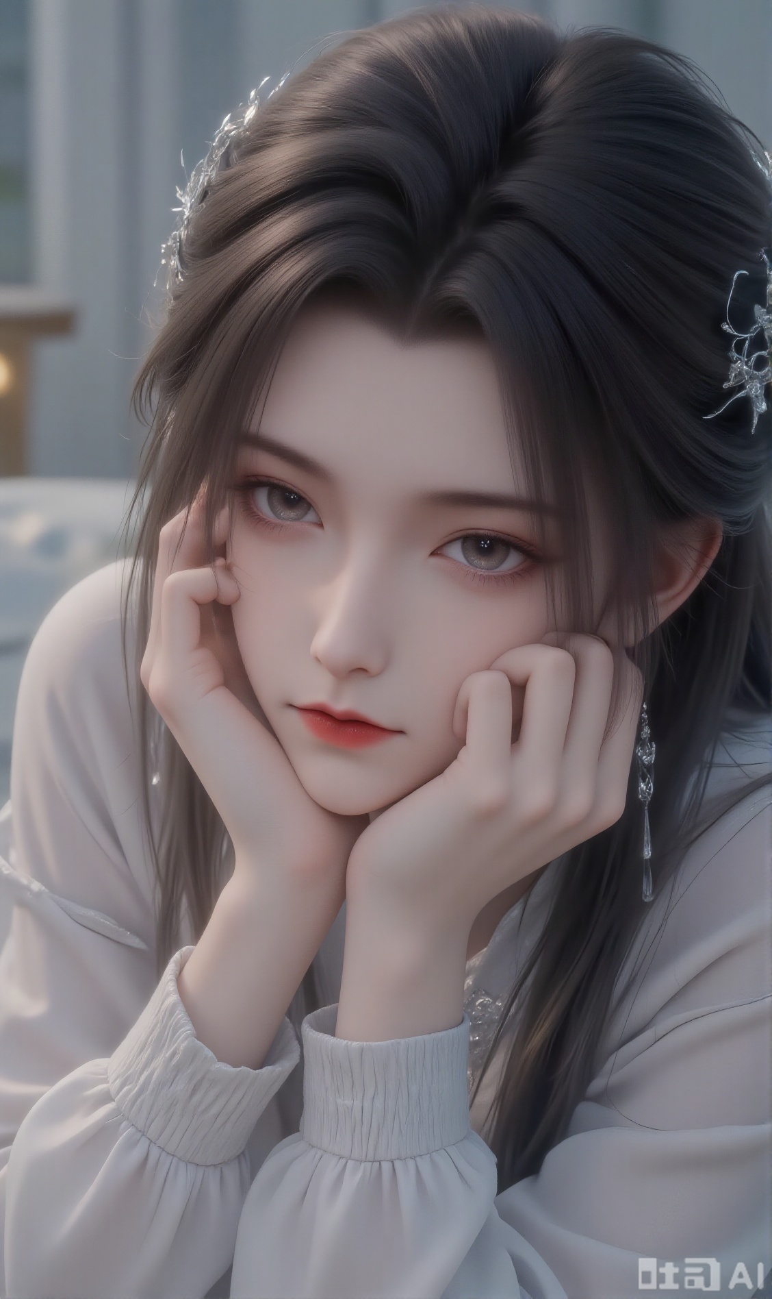 1girl, solo, long hair, looking at viewer, shirt, black hair, hair ornament, closed mouth, white shirt, upper body, short sleeves, lying, indoors, pillow, bed, on bed, realistic, lamp, hands on own face