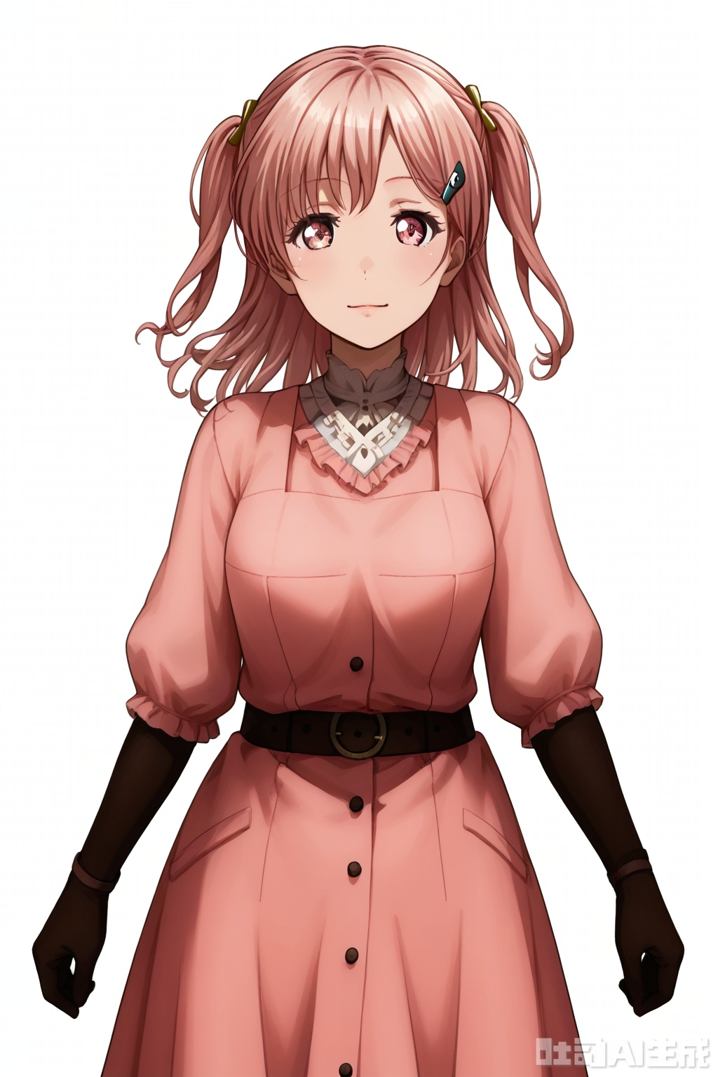 masterpiece, best quality,solo,((white background:1.2)),simple background,
looking at viewer,Hiromachi Nanami,bangs,hair ornament,pink hair, hairclip, medium hair,pink eyes,two side up