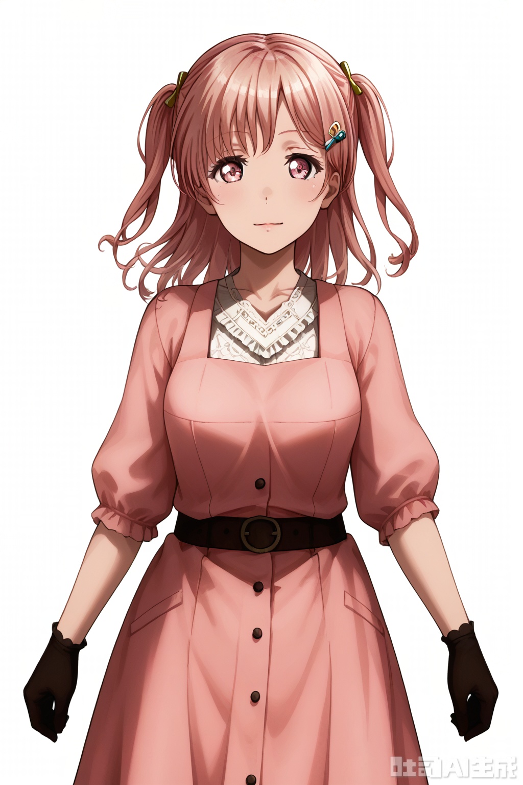 masterpiece, best quality,solo,((white background:1.2)),simple background,
looking at viewer,Hiromachi Nanami,bangs,hair ornament,pink hair, hairclip, medium hair,pink eyes,two side up