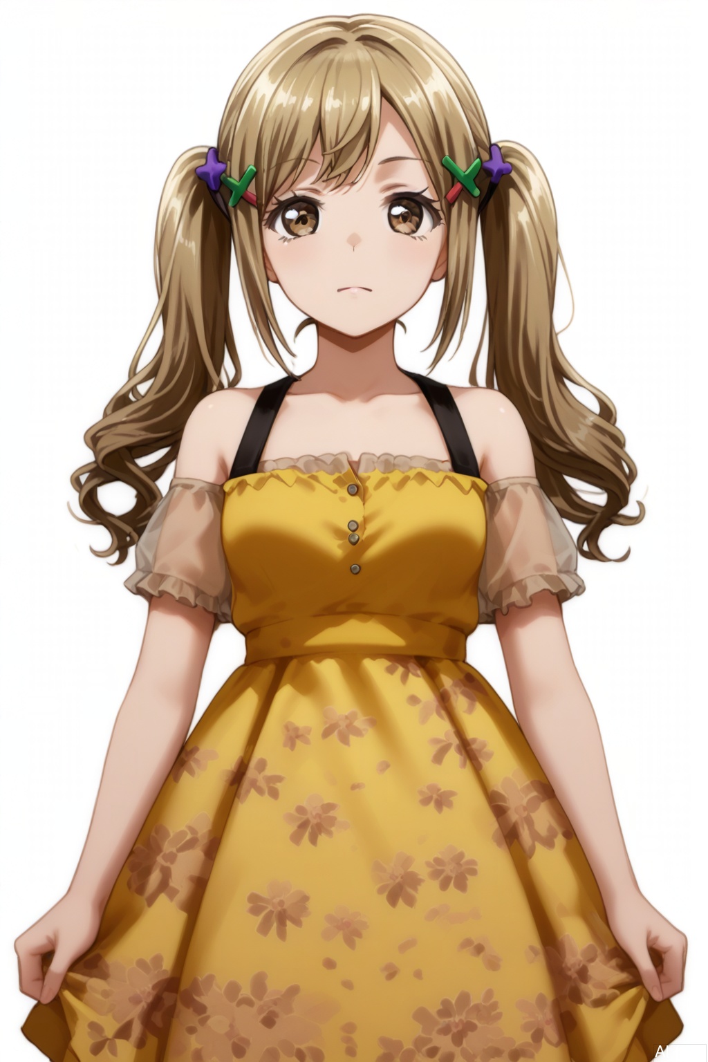 masterpiece, best quality,solo,((white background:1.2)),simple background,
looking at viewer,Ichigaya Arisa,long hair,bangs,blonde hair, brown hair,hair ornament,twintails,brown eyes, sidelocks,x hair ornament