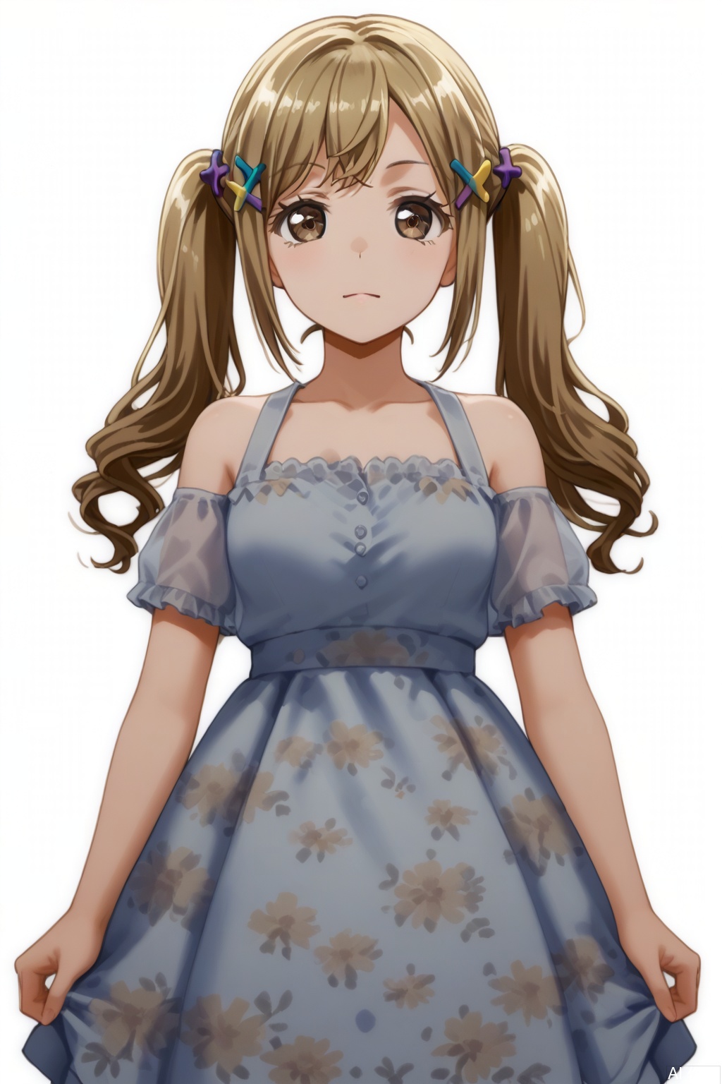 masterpiece, best quality,solo,((white background:1.2)),simple background,
looking at viewer,Ichigaya Arisa,long hair,bangs,blonde hair, brown hair,hair ornament,twintails,brown eyes, sidelocks,x hair ornament