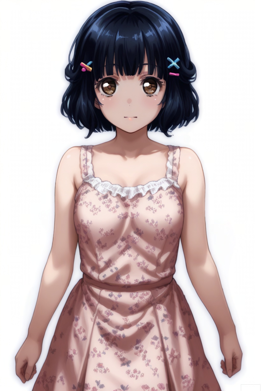masterpiece, best quality,solo,((white background:1.2)),simple background,
looking at viewer,Ushigome Rimi,short hair, bangs,black hair, hair ornament,brown eyes,hairclip,x hair ornament