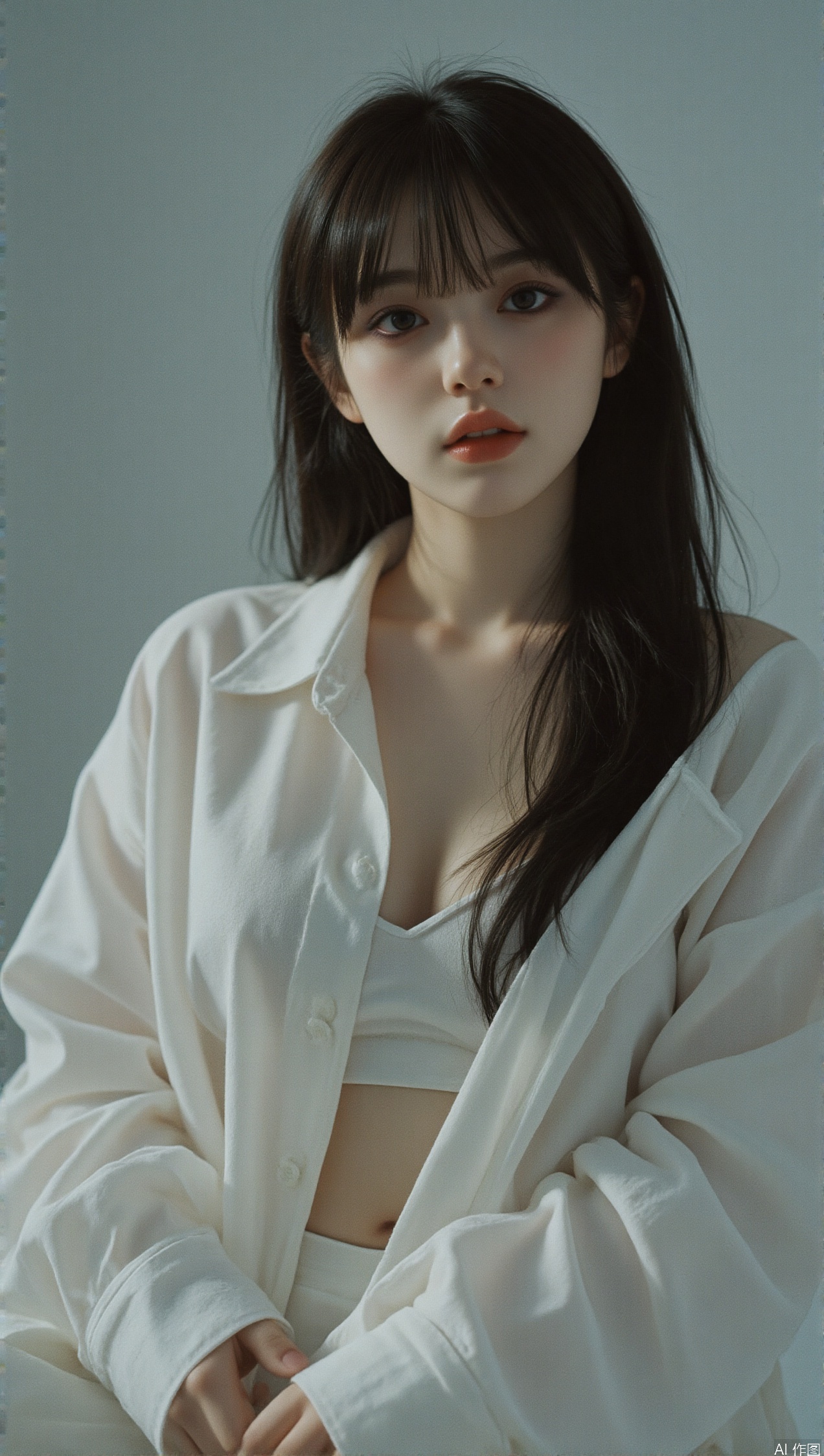 depth of field,detailed light,blurry background,best shadow,shiny skin,cinematic lighting,ray tracing, amazing quality,very aesthetic,absurdres,beast quality,ultra detailed,newest,8K,HDR,A captivating 35mm film shot unfolds,1girl,solo,Keywords long black hair, makeup, portrait, black eye shadow, off-the-shoulder, cleavage,White shirt coat, clothes open, navel,A captivating 35mm film shot unfolds,1girl,solo,Keywords long black hair, makeup, portrait, black eye shadow, off-the-shoulder, cleavage,White shirt coat, clothes open, navel
