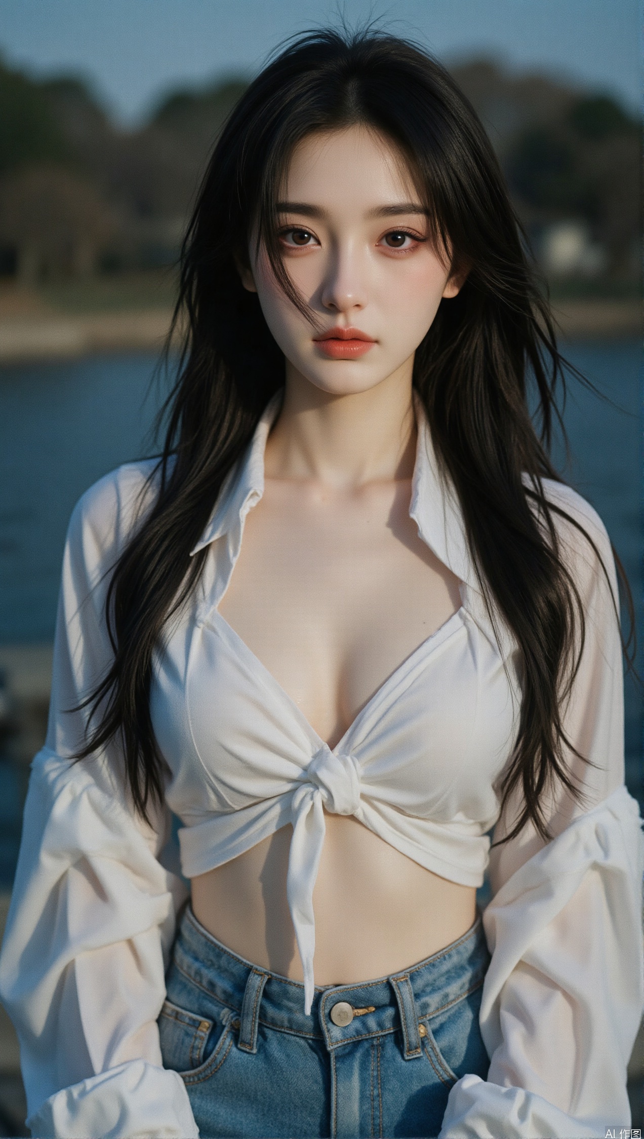 depth of field,detailed light,blurry background,best shadow,shiny skin,cinematic lighting,ray tracing, amazing quality,very aesthetic,absurdres,beast quality,ultra detailed,newest,8K,HDR,A captivating 35mm film shot unfolds,1girl,solo,Keywords long black hair, makeup, portrait, black eye shadow, off-the-shoulder, cleavage,White shirt coat, clothes open, navel,A captivating 35mm film shot unfolds,1girl,solo,Keywords long black hair, makeup, portrait, black eye shadow, off-the-shoulder, cleavage,White shirt coat, clothes open, navel