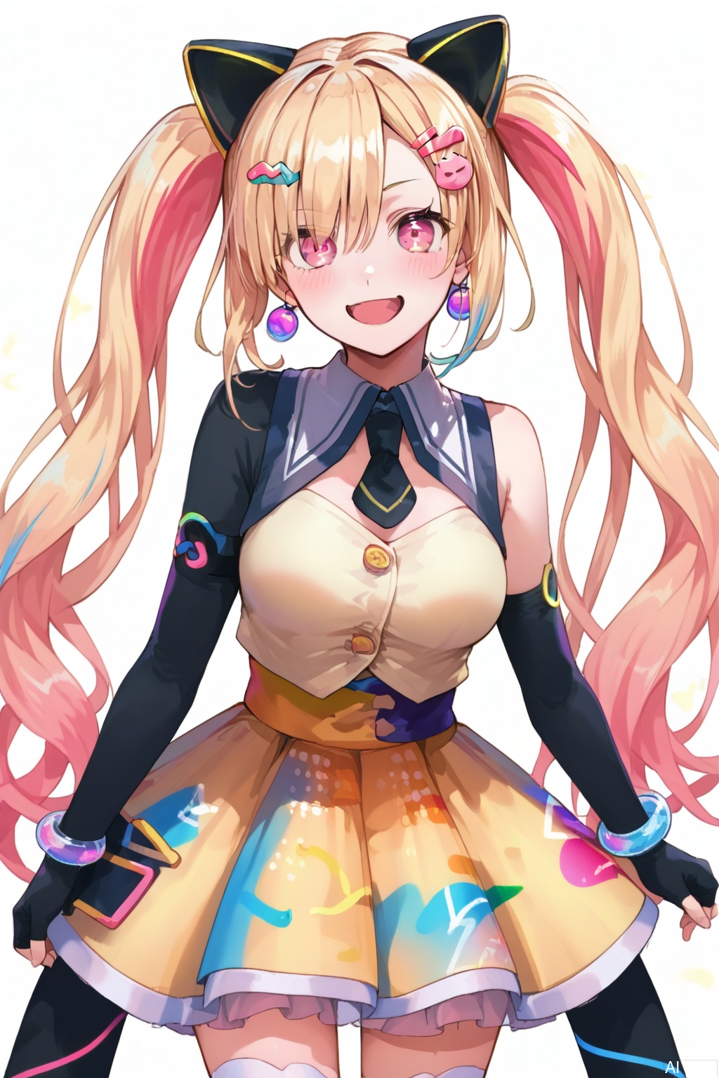 masterpiece, best quality,solo,((white background:1.2)),simple background,
looking at viewer,Nakamachi Arale,long hair, breasts,smile,open mouth, bangs,blonde hair,hair ornament, twintails,medium breasts, very long hair,blue hair,pink hair, :d,multicolored hair,hairclip,virtual youtuber,pink eyes,gradient hair