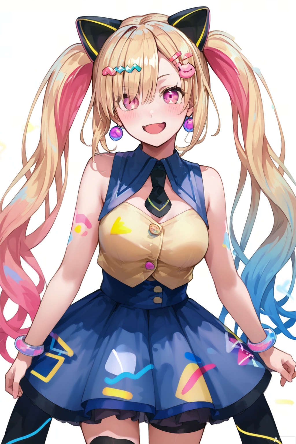 masterpiece, best quality,solo,((white background:1.2)),simple background,
looking at viewer,Nakamachi Arale,long hair, breasts,smile,open mouth, bangs,blonde hair,hair ornament, twintails,medium breasts, very long hair,blue hair,pink hair, :d,multicolored hair,hairclip,virtual youtuber,pink eyes,gradient hair