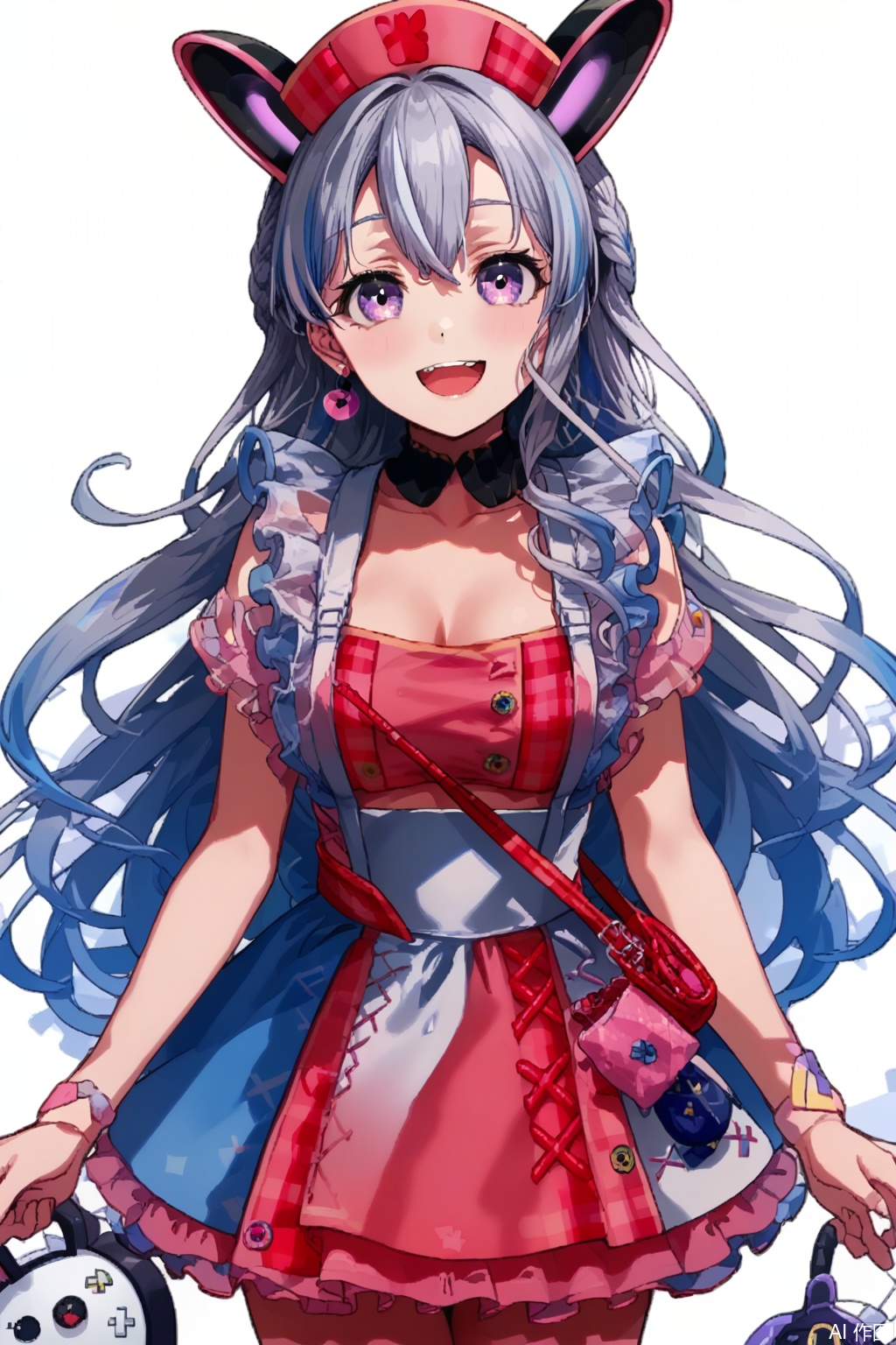 masterpiece, best quality,solo,((white background:1.2)),simple background,
looking at viewer,Miyanaga Nonoka,long hair, breasts,smile,open mouth, bangs,purple eyes,braid, :d,grey hair, multicolored hair,virtual youtuber, nurse cap