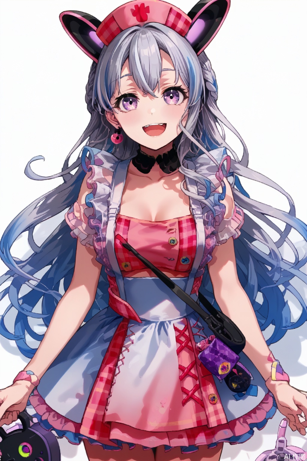 masterpiece, best quality,solo,((white background:1.2)),simple background,
looking at viewer,Miyanaga Nonoka,long hair, breasts,smile,open mouth, bangs,purple eyes,braid, :d,grey hair, multicolored hair,virtual youtuber, nurse cap