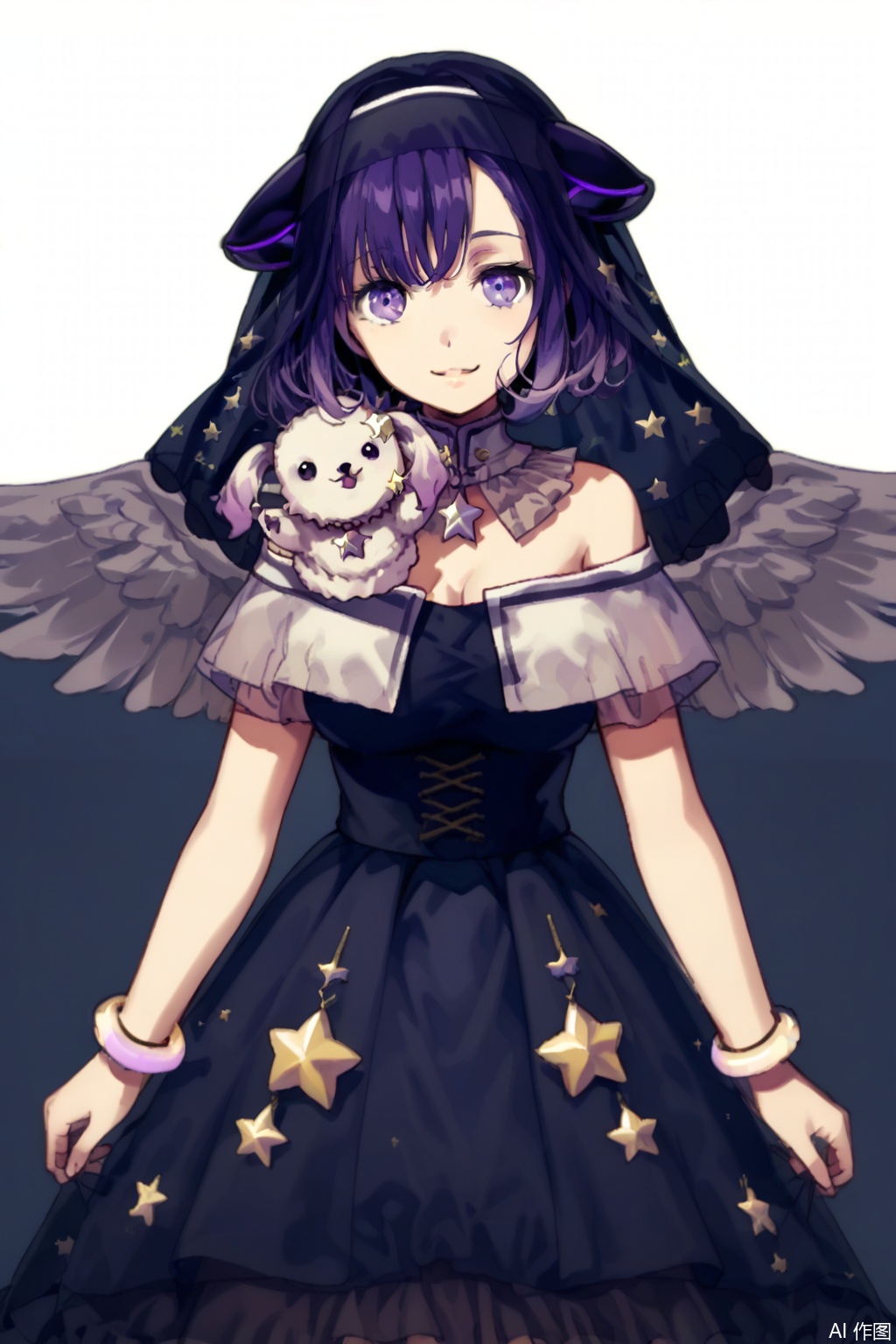 masterpiece, best quality,solo,((white background:1.2)),simple background,
looking at viewer,Fuji Miyako,breasts,smile, short hair,bangs, black hair, closed mouth,purple eyes, purple hair,horns,virtual youtuber, star \(symbol\),animal, veil, feathered wings, nun,habit