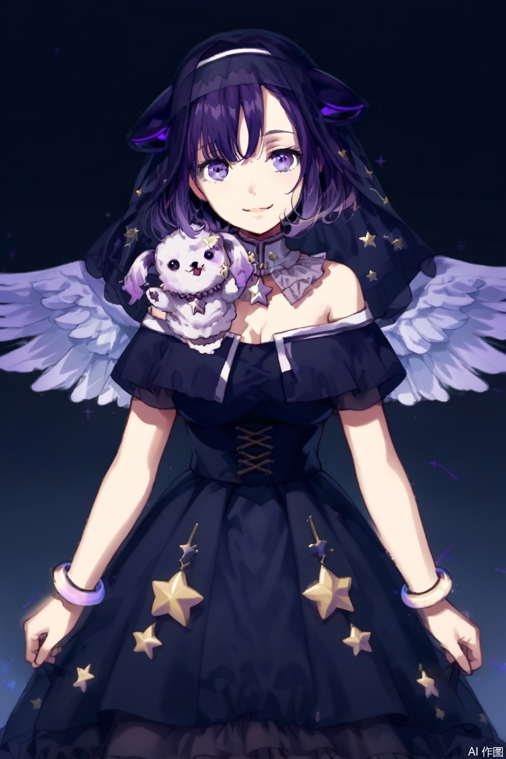 masterpiece, best quality,solo,(white background:1.2),simple background,
looking at viewer,Fuji Miyako,breasts,smile, short hair,bangs, black hair, closed mouth,purple eyes, purple hair,horns,virtual youtuber, star \(symbol\),animal, veil, feathered wings, nun,habit