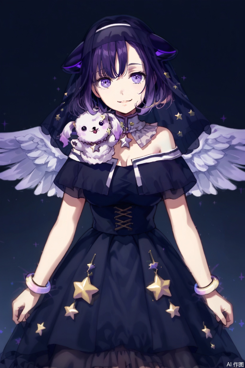 masterpiece, best quality,solo,(white background:1.2),simple background,
looking at viewer,Fuji Miyako,breasts,smile, short hair,bangs, black hair, closed mouth,purple eyes, purple hair,horns,virtual youtuber, star \(symbol\),animal, veil, feathered wings, nun,habit