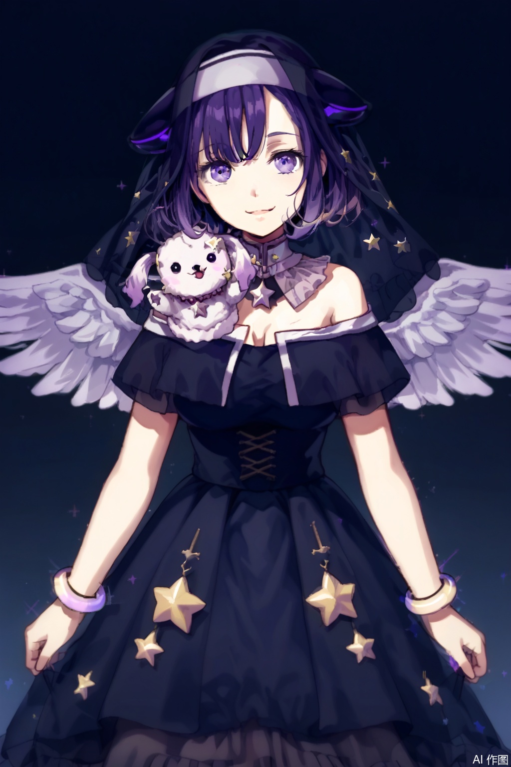 masterpiece, best quality,solo,((white background:1.2)),simple background,
looking at viewer,Fuji Miyako,breasts,smile, short hair,bangs, black hair, closed mouth,purple eyes, purple hair,horns,virtual youtuber, star \(symbol\),animal, veil, feathered wings, nun,habit