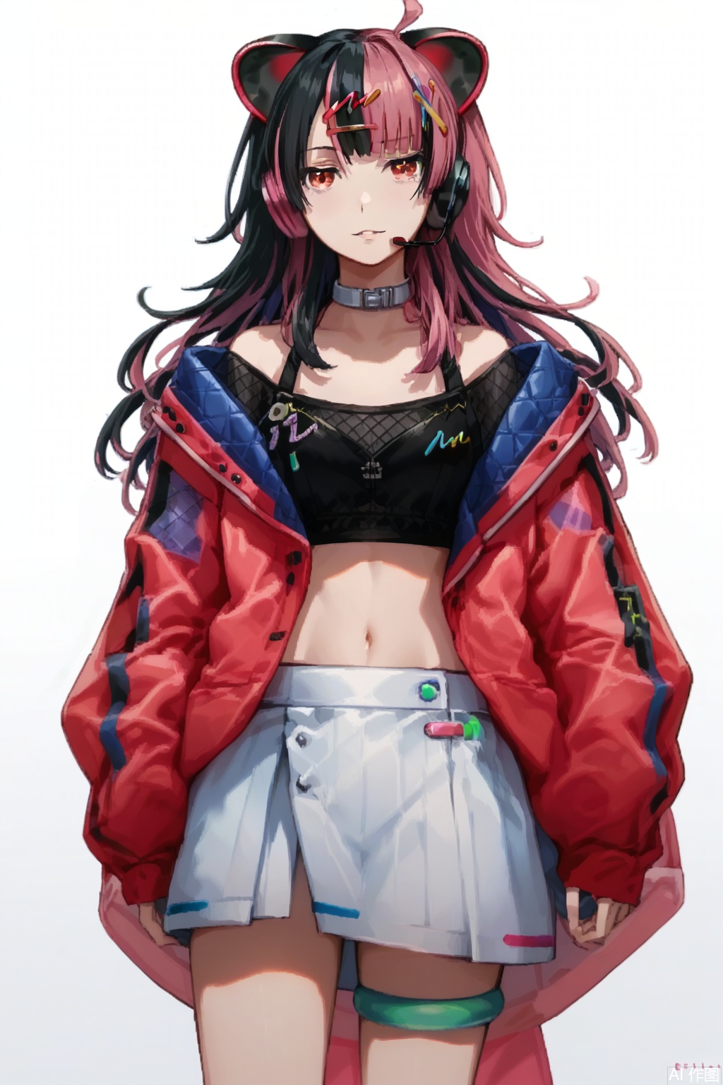masterpiece, best quality,solo,(white background:1.2),simple background,
looking at viewer,Sengoku Yuno,long hair, breasts,bangs,black hair, hair ornament, red eyes,navel, animal ears,pink hair,multicolored hair,,two-tone hair,headphones