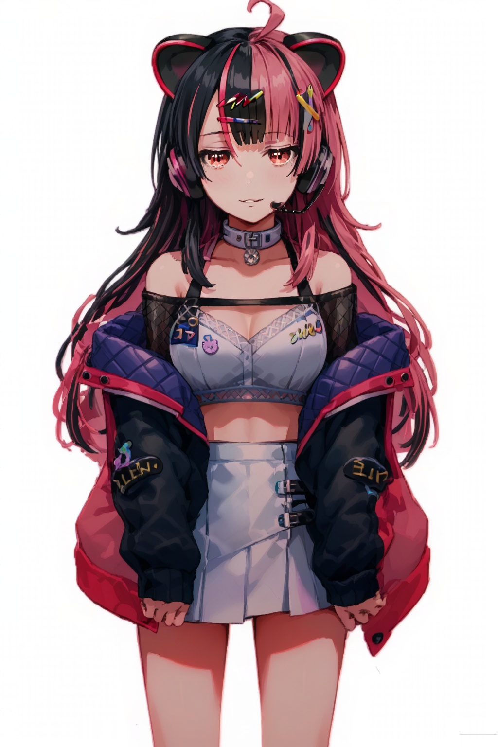 masterpiece, best quality,solo,(white background:1.2),simple background,
looking at viewer,Sengoku Yuno,long hair, breasts,bangs,black hair, hair ornament, red eyes,navel, animal ears,pink hair,multicolored hair,virtual youtuber,two-tone hair,headphones