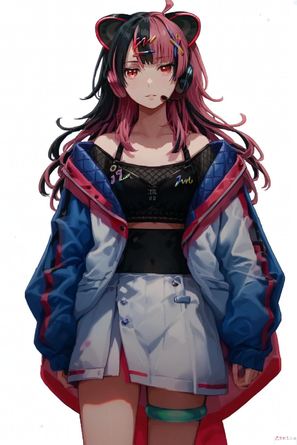 masterpiece, best quality,solo,(white background:1.2),simple background,
looking at viewer,Sengoku Yuno,long hair, breasts,bangs,black hair, hair ornament, red eyes,navel, animal ears,pink hair,multicolored hair,,two-tone hair,headphones