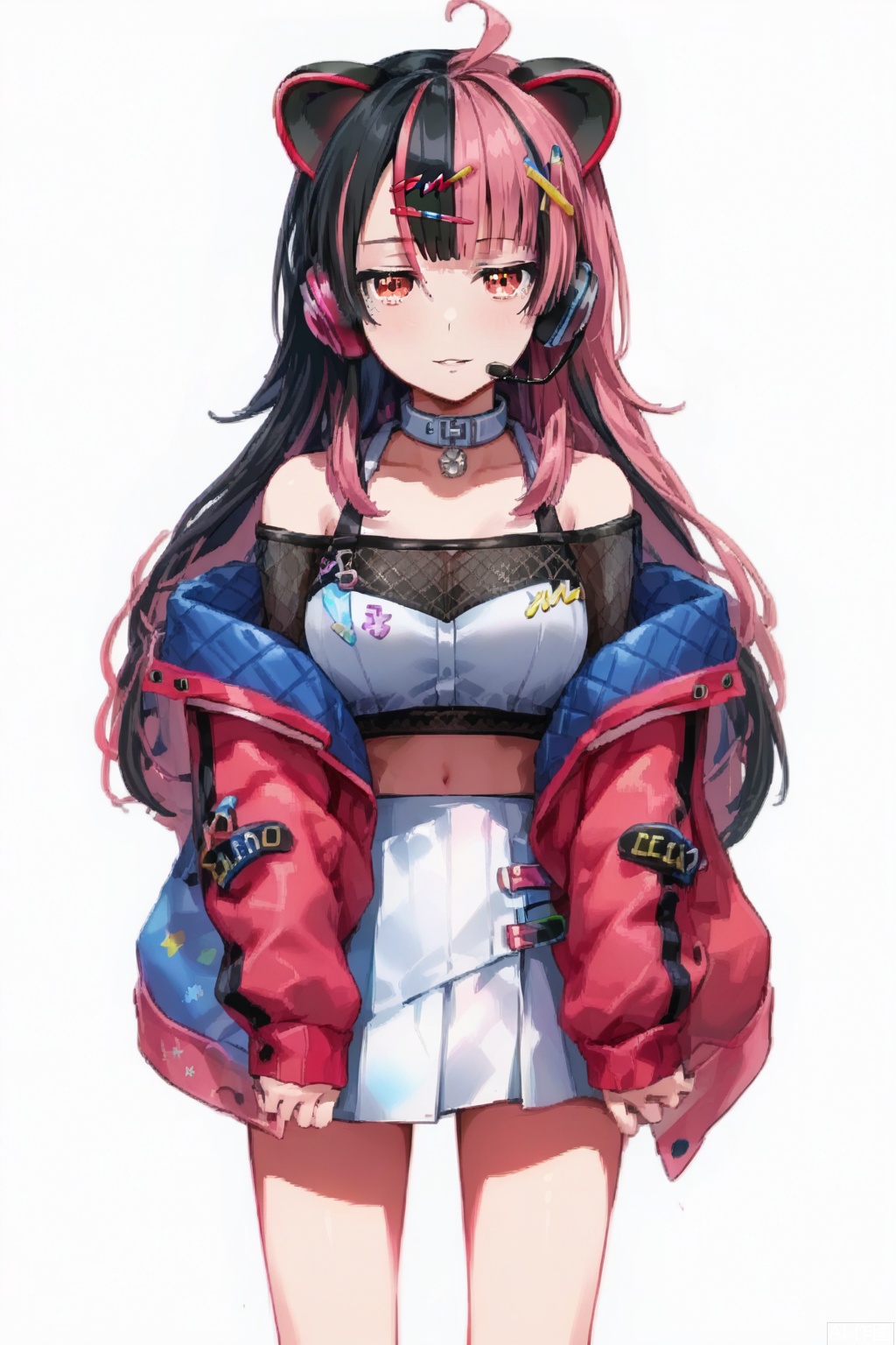 masterpiece, best quality,solo,(white background:1.2),simple background,
looking at viewer,Sengoku Yuno,long hair, breasts,bangs,black hair, hair ornament, red eyes,navel, animal ears,pink hair,multicolored hair,virtual youtuber,two-tone hair,headphones