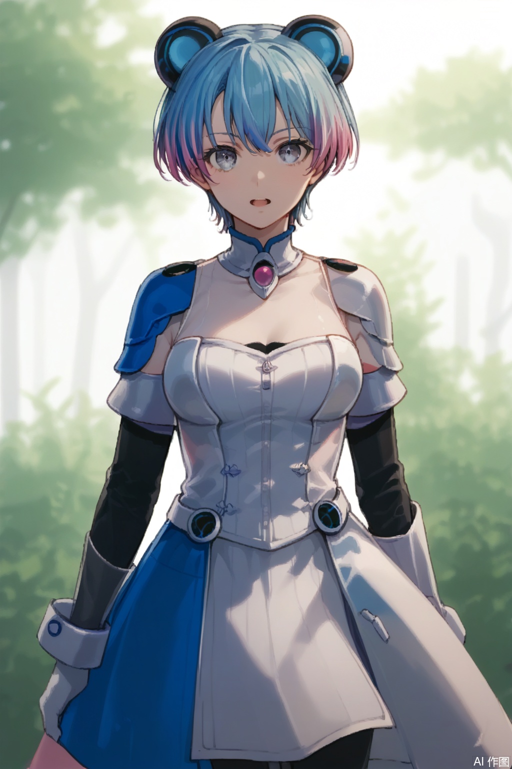 masterpiece, best quality,solo,(white background:1.2),simple background,
looking at viewer,Minetsuki Ritsu,breasts,short hair,open mouth,medium breasts,blue hair,multicolored hair