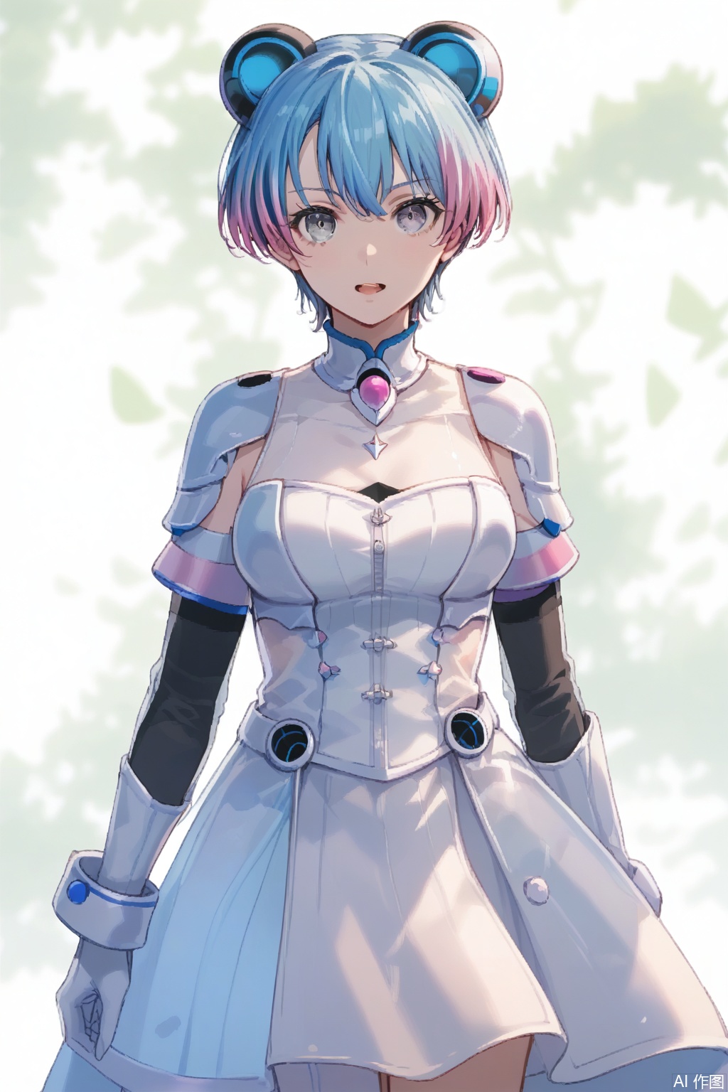 masterpiece, best quality,solo,(white background:1.2),simple background,
looking at viewer,Minetsuki Ritsu,breasts,short hair,open mouth,medium breasts,blue hair,multicolored hair