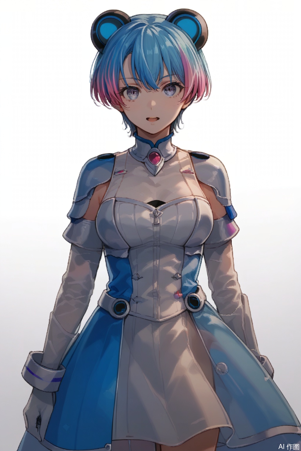masterpiece, best quality,solo,(white background:1.2),simple background,
looking at viewer,Minetsuki Ritsu,breasts,short hair,open mouth,medium breasts,blue hair,multicolored hair