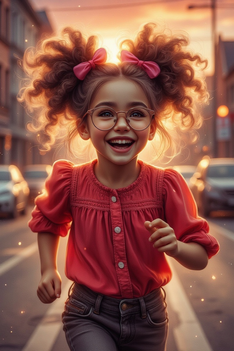Digital illustration,  Digital painting shows a young girl with large,  curly hair styled into two buns on Tensor.Art