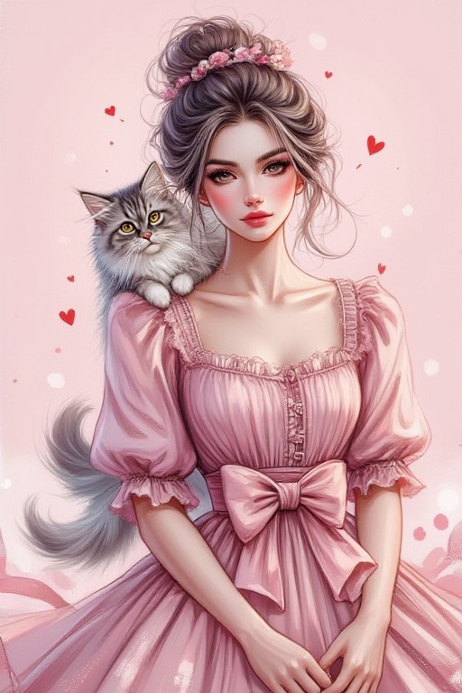 Create a Digital illustration of a young beautiful woman,  wearing a soft,  modest ruffles dress on Tensor.Art