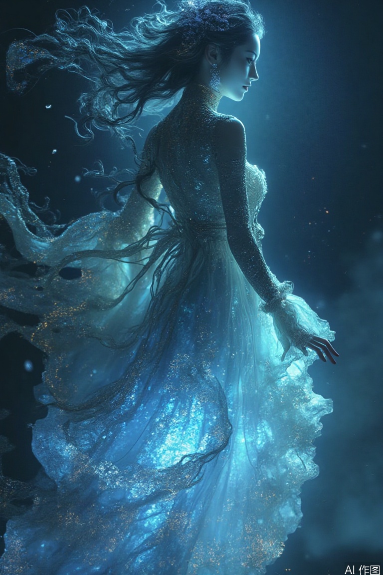 Her hair was the light gold remnant of the Milky Way after being washed by the moonlight. At the end of each strand of curly hair was curled up with half a shell-raising pearl, and the star sand like fine snow fell as her neck turned. The eyelashes are painted with pink painted by mermaid combs and scales. When blinking, they cast a coral reef-shaped purple halo in the eye socket. The drowning navigation chart floats deep in the iris, and the pupils are two obsidians polished by siren's tears, reflecting the twelve ghost ships stranded at high tide.

The lips are like the shiny wine soaked in the bones of coral polyps, and the fourteen-line poems spelled by fluorescent plankton are swayed in the lips. The collarbone is filled with waves stolen from the birth of Venus, and the collarbone is raised and two phosphorescent terns are stationed. Whenever the breathing rises and falls, a salty rainbow of mist drips from the bird's beak, etching the unique barnacle pattern of the intertidal zone on the skin.

The arms were wrapped around the shark silk that was deconstructed by the evening wind, and twenty blue gradient chromatography floated between the translucent yarns - from the ink color of the midnight reef rock to the silver spots on the midday sea surface. What droops on the fingertips are not ordinary ribbons, but on the eve of a storm that solidifies into silk form, each floating fold is covered with the electrostatic sparks of the thunderstorm clouds split. The waist was cast by liquid moonlight to create an hourglass curve, and deep in the navel was a rose salt crystal extracted from the echo of the conch.

The hem of the skirt is woven by three hundred waves of snow, and each skirt pleat is sealed with blues from different seas: tropical fish scale powder in the Caribbean, shipwreck rust spots in the Aegean Sea, and whale song frequency in the North Sea. As it rotates, the skirt blooms into a whirlpool that swallows the lighthouse. The skirt skeleton is actually thirty-seven sperm whale rib fossils, with the surface coated with twilight copper rust scraped from the pirate gold coins.

The ankles are tied with silver chains made of tidal gravity. Wherever the toe is pointing, the Venetian crystal pattern is automatically precipitated on the beach. And she just lowered her head and smiled, and the three freckles behind her ears suddenly began to flash in sync - that was the code of Moss that all the lighthouses on both sides of the Atlantic Ocean crossed on the summer night. Under her skin, the rhythm of the deep sea hot springs vaguely came, as if there were 100,000 fluorescent squids dancing Tarantella at her heart rate.,YT Chinese style old movie style,This style comes from yt Dream