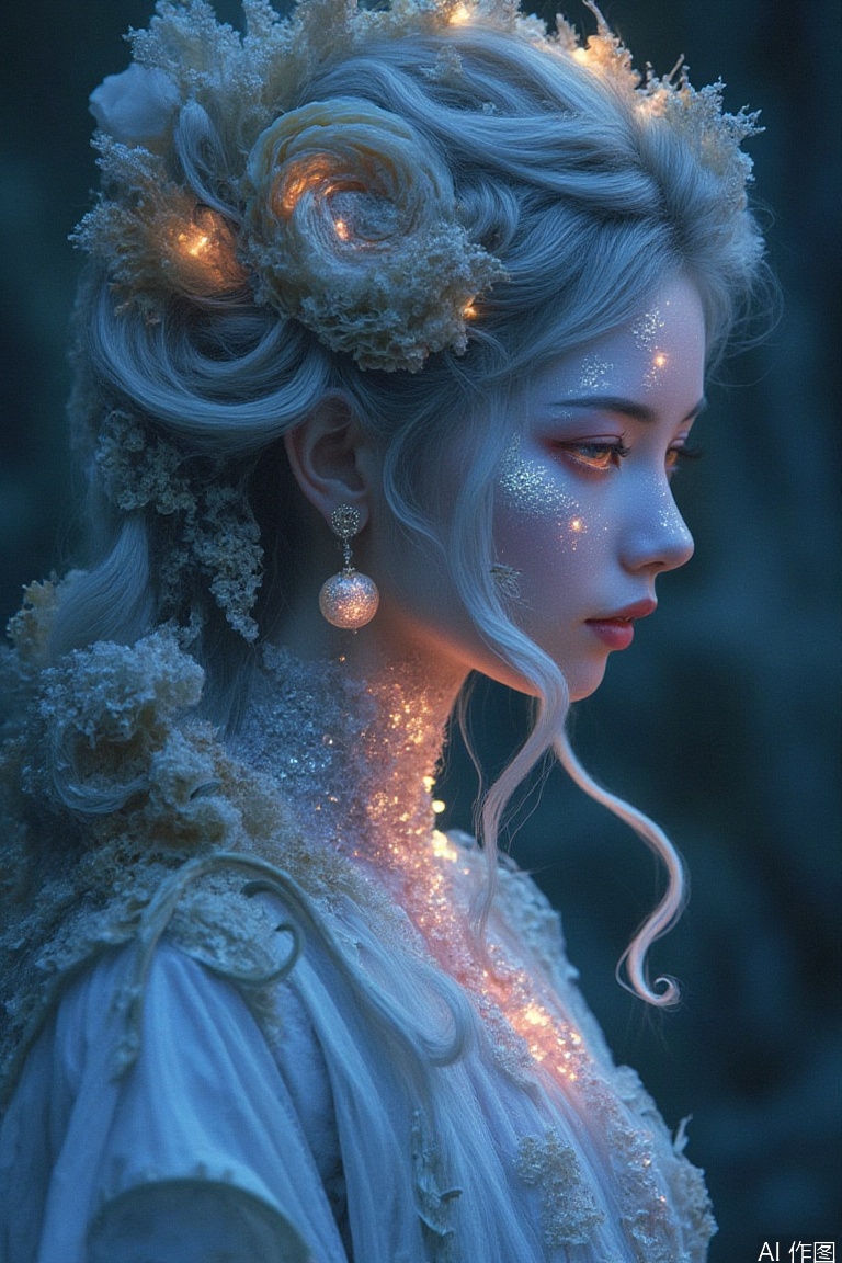 Her hair was the light gold remnant of the Milky Way after being washed by the moonlight. At the end of each strand of curly hair was curled up with half a shell-raising pearl, and the star sand like fine snow fell as her neck turned. The eyelashes are painted with pink painted by mermaid combs and scales. When blinking, they cast a coral reef-shaped purple halo in the eye socket. The drowning navigation chart floats deep in the iris, and the pupils are two obsidians polished by siren's tears, reflecting the twelve ghost ships stranded at high tide.

The lips are like the shiny wine soaked in the bones of coral polyps, and the fourteen-line poems spelled by fluorescent plankton are swayed in the lips. The collarbone is filled with waves stolen from the birth of Venus, and the collarbone is raised and two phosphorescent terns are stationed. Whenever the breathing rises and falls, a salty rainbow of mist drips from the bird's beak, etching the unique barnacle pattern of the intertidal zone on the skin.

The arms were wrapped around the shark silk that was deconstructed by the evening wind, and twenty blue gradient chromatography floated between the translucent yarns - from the ink color of the midnight reef rock to the silver spots on the midday sea surface. What droops on the fingertips are not ordinary ribbons, but on the eve of a storm that solidifies into silk form, each floating fold is covered with the electrostatic sparks of the thunderstorm clouds split. The waist was cast by liquid moonlight to create an hourglass curve, and deep in the navel was a rose salt crystal extracted from the echo of the conch.

The hem of the skirt is woven by three hundred waves of snow, and each skirt pleat is sealed with blues from different seas: tropical fish scale powder in the Caribbean, shipwreck rust spots in the Aegean Sea, and whale song frequency in the North Sea. As it rotates, the skirt blooms into a whirlpool that swallows the lighthouse. The skirt skeleton is actually thirty-seven sperm whale rib fossils, with the surface coated with twilight copper rust scraped from the pirate gold coins.

The ankles are tied with silver chains made of tidal gravity. Wherever the toe is pointing, the Venetian crystal pattern is automatically precipitated on the beach. And she just lowered her head and smiled, and the three freckles behind her ears suddenly began to flash in sync - that was the code of Moss that all the lighthouses on both sides of the Atlantic Ocean crossed on the summer night. Under her skin, the rhythm of the deep sea hot springs vaguely came, as if there were 100,000 fluorescent squids dancing Tarantella at her heart rate.,YT Chinese style old movie style,This style comes from yt Dream