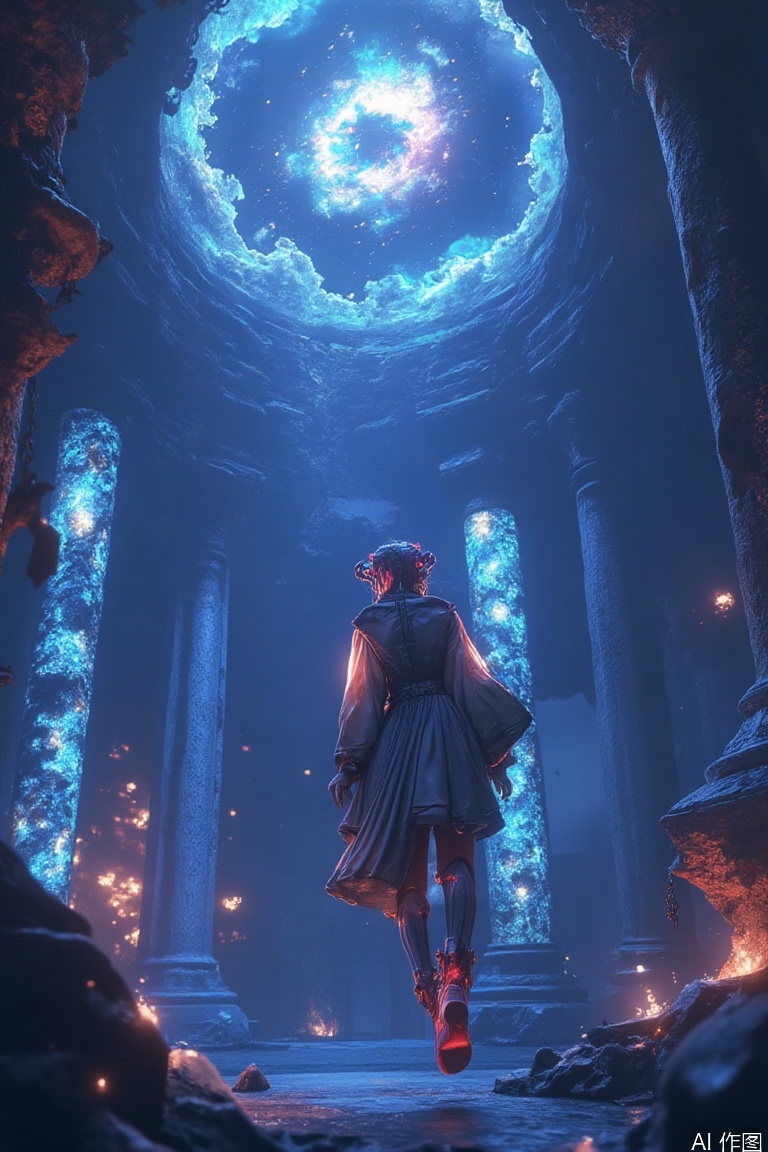 The full-body portrait is based on melting twilight, and the silver-haired girl is suspended in the void where the data torrent and ancient totems are intertwined. Neon blue hair is woven into fish bone braids hanging to the ankles, and micro-luminescent spores are condensed at the ends of each inch of hair, which jump between cobalt blue and crimson purple as your thinking fluctuates. The neck ring forged by meteorite extends twelve bionic nerve bundles, penetrating the biological fiber robe designed with the back, interwoven behind the waist to form a suspended energy totem, and the nanosymbols with liquid amber texture flow between the lines.

The armor-style sleeve wraps the slender arms, and the mechanical bones of gear biting are exposed at the elbow joints. The quantum bandage wrapped around the fingertips is constantly deconstructing and reorganizing, transforming into two forms: data flow dagger and holographic rose. The waist belt is inlaid with six prism-shaped energy storage crystals, refracting the moss forest floating in the miniature ecological cabin, forming a philosophical dialogue between organic and inorganic with the gradient transparent yarn hanging from the crotch.

The knee-length combat boots are made of anti-gravity material. The ion flow sprayed from the heel draws out the trajectory of the Klein bottle in the void. Twenty-eight miniature screens are embedded between the metal straps, and memory fragments in different parallel spaces are played in loops. When the left leg is bent, the dark-patterned leather armor on the outside of the thigh suddenly cracks, exposing the fluorescent code flowing in the subcutaneous tissue, forming a cruel and exquisite life form contrast with the completely mechanized calf of the right leg.

The broken white marble pillars and the suspended neon billboard in the background erode each other. The holographic light wheel behind the girl is swallowing the strokes of classical oil paintings. The binary nebula rotates deep in the iris reflects the birth and collapse of the entire digital civilization. The chain wrapped around the ankle is both a bond and a weapon. Each ring of the lock oscillates at high frequency between the entity and the data state, turning existence itself into a sharp blade that tears the space-time dimensions.,YT Chinese style old movie style