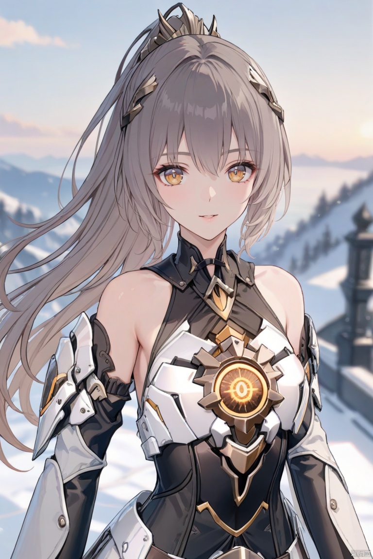  masterpiece,bestquality,highly detailed,ultra-detailed,nanami, 1girl, solo, long hair, looking at viewer, bangs,gloves,bare shoulders, yellow eyes, ponytail ,black gloves ,armor,point at viewer,blurry background,outdoors,blue sky,clean sky,clouds