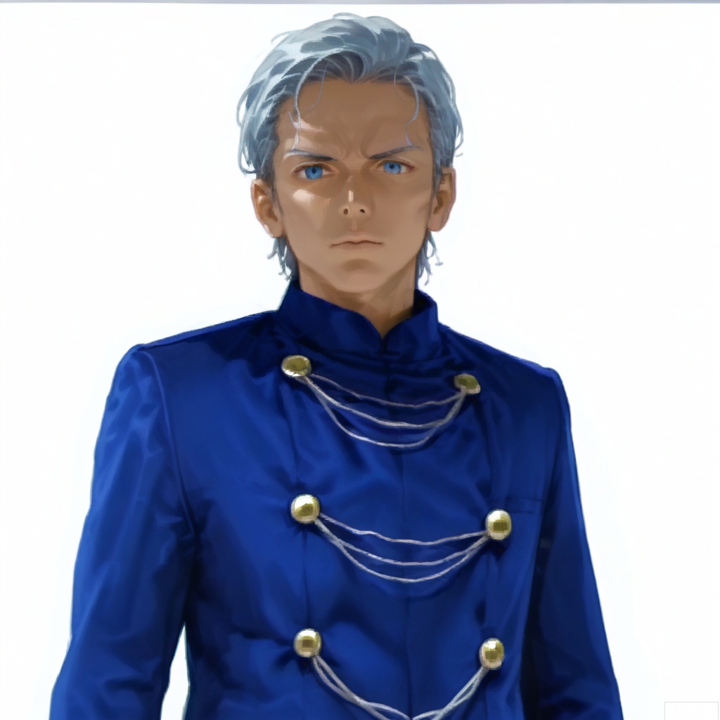 masterpiece, best quality,solo,((white background:1.2)),simple background,
looking at viewer,Sarome Seijin,uniform, military uniform, pants, jacket,chain-link, blue jacket, blue coat,white gloves, military