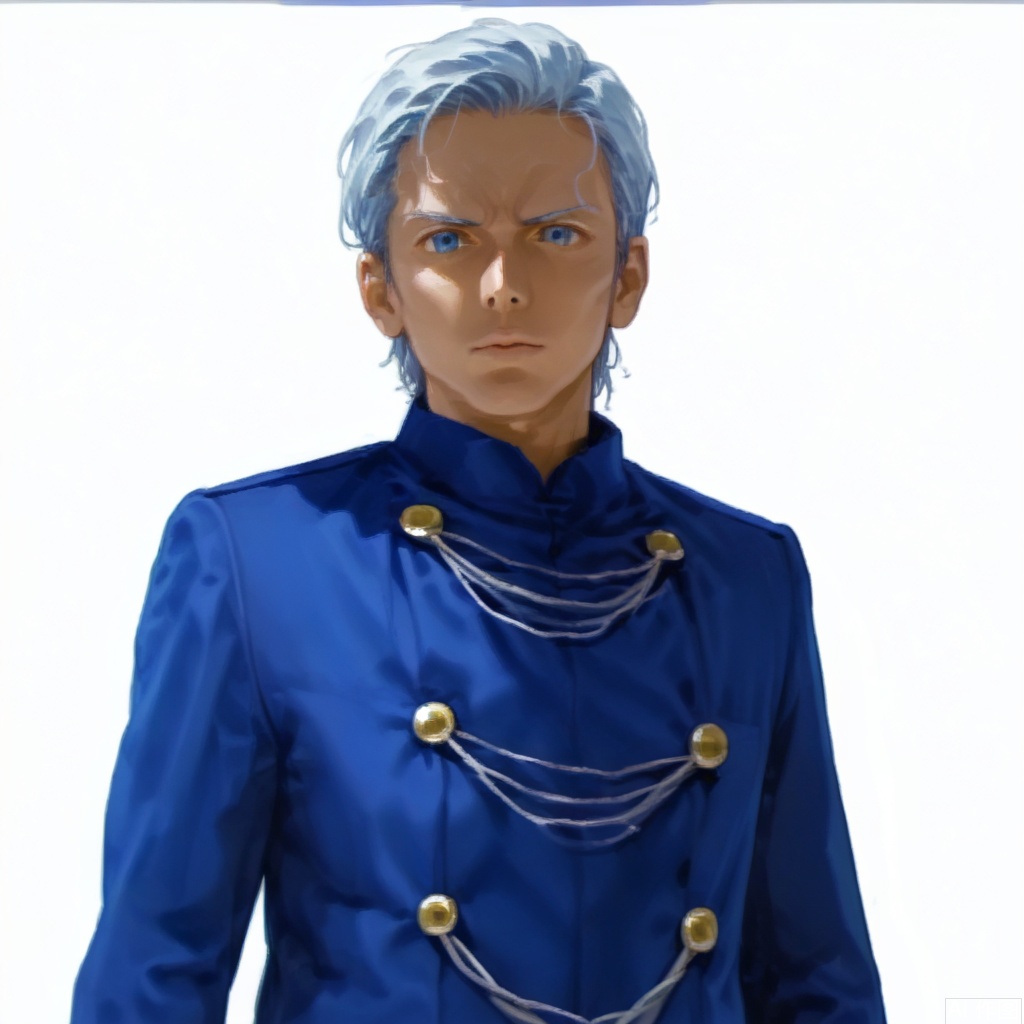 masterpiece, best quality,solo,((white background:1.2)),simple background,
looking at viewer,Sarome Seijin,uniform, military uniform, pants, jacket,chain-link, blue jacket, blue coat,white gloves, military