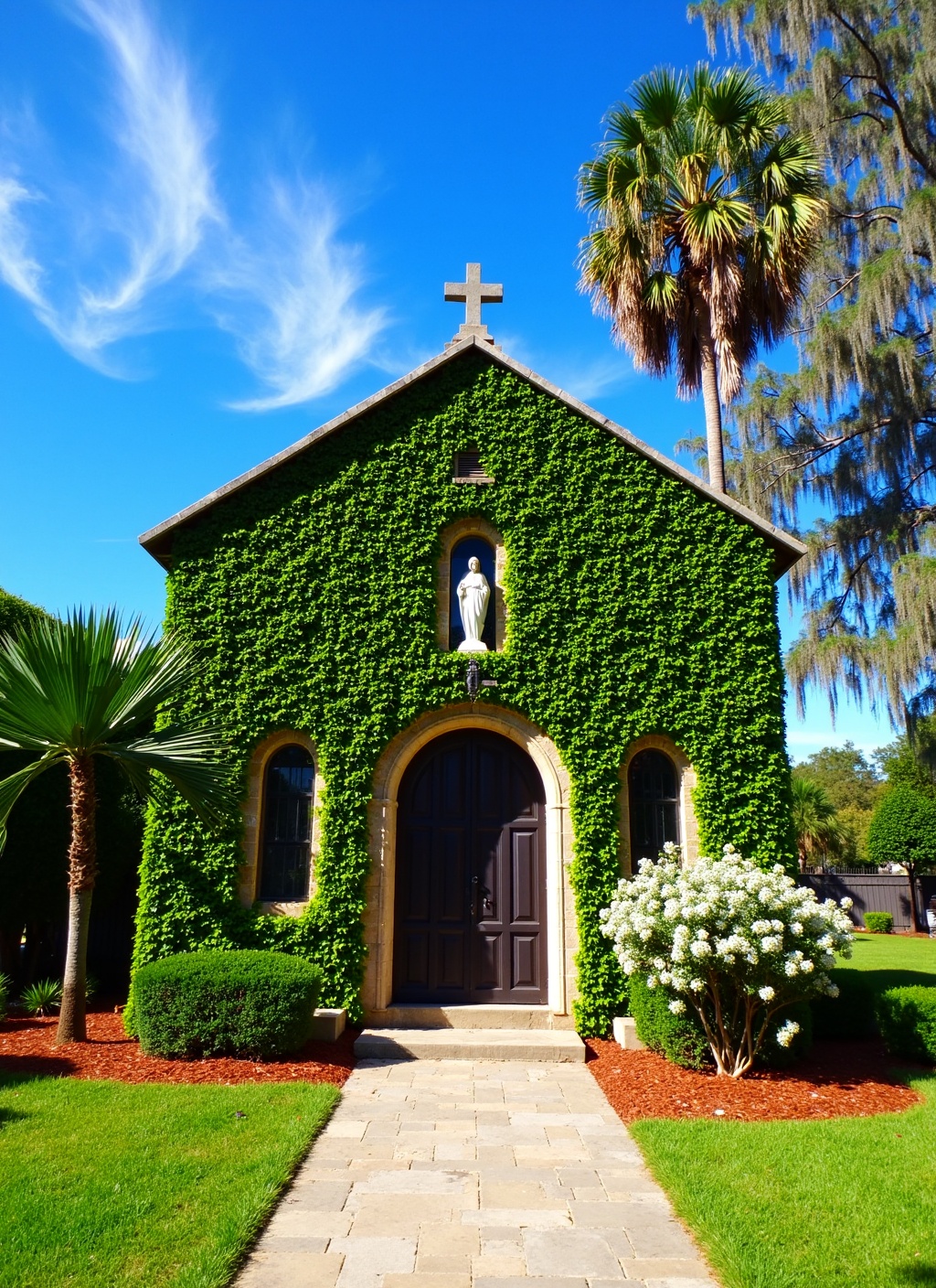 This is a picturesque,  sunlit photograph of a charming,  ivy-covered chapel or small church nestled in a lush on Tensor.Art