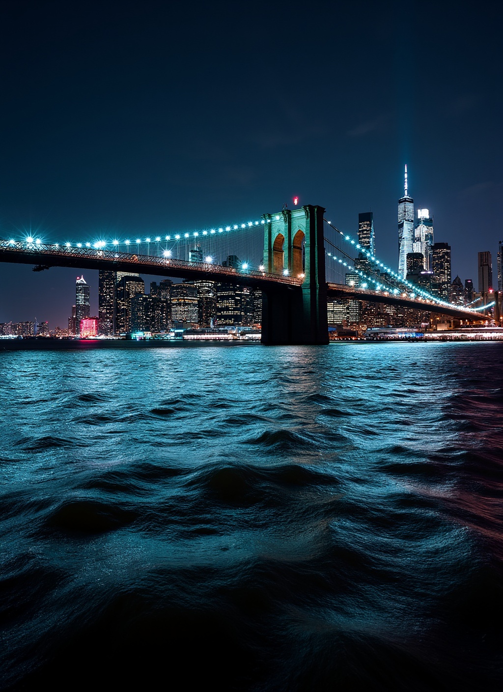 This is a stunning nighttime photograph capturing the Brooklyn Bridge from a vantage point on the water,  likely from a bo...