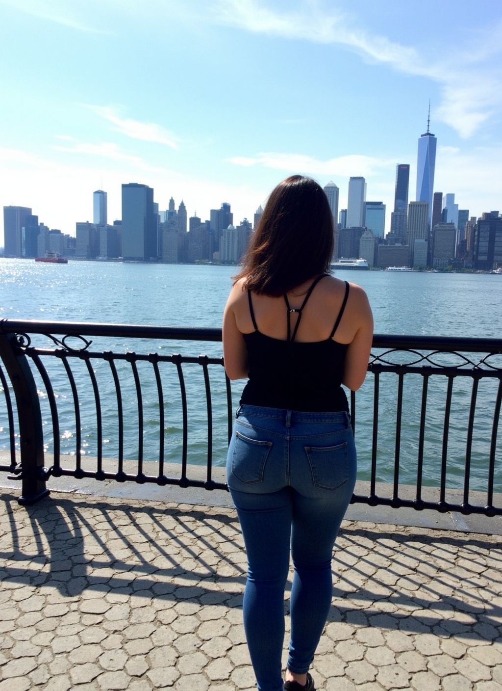 A person with dark-brown hair stands facing away from the camera,  looking out over a body of water toward a distant city...