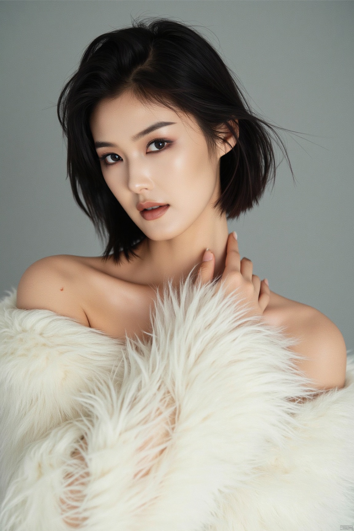 Elegant portrait of a woman,  posing with a soft, off-white, fluffy fur or faux-fur garment.  Shoulder-length, dark, wavy hair frames a captivating expression.  The woman's gaze is directed slightly off-center, creating a sense of introspection or depth.  Pale skin and subtle makeup enhance her features, emphasizing natural beauty.  The garment's texture, soft and voluminous, is a key visual element. The fabric has a shaggy, fuzzy appearance, draping around her shoulders and upper body.  Elegant composition against a plain, neutral gray background, creating a sophisticated studio setting.  Soft, even lighting highlights the subject without harsh shadows, contributing to a serene atmosphere.  The mood is serene and sophisticated, evoking a sense of understated glamour and elegance.  The image's style is contemporary fashion photography, showcasing the subject with a focus on both fashion and beauty.,plns,cher