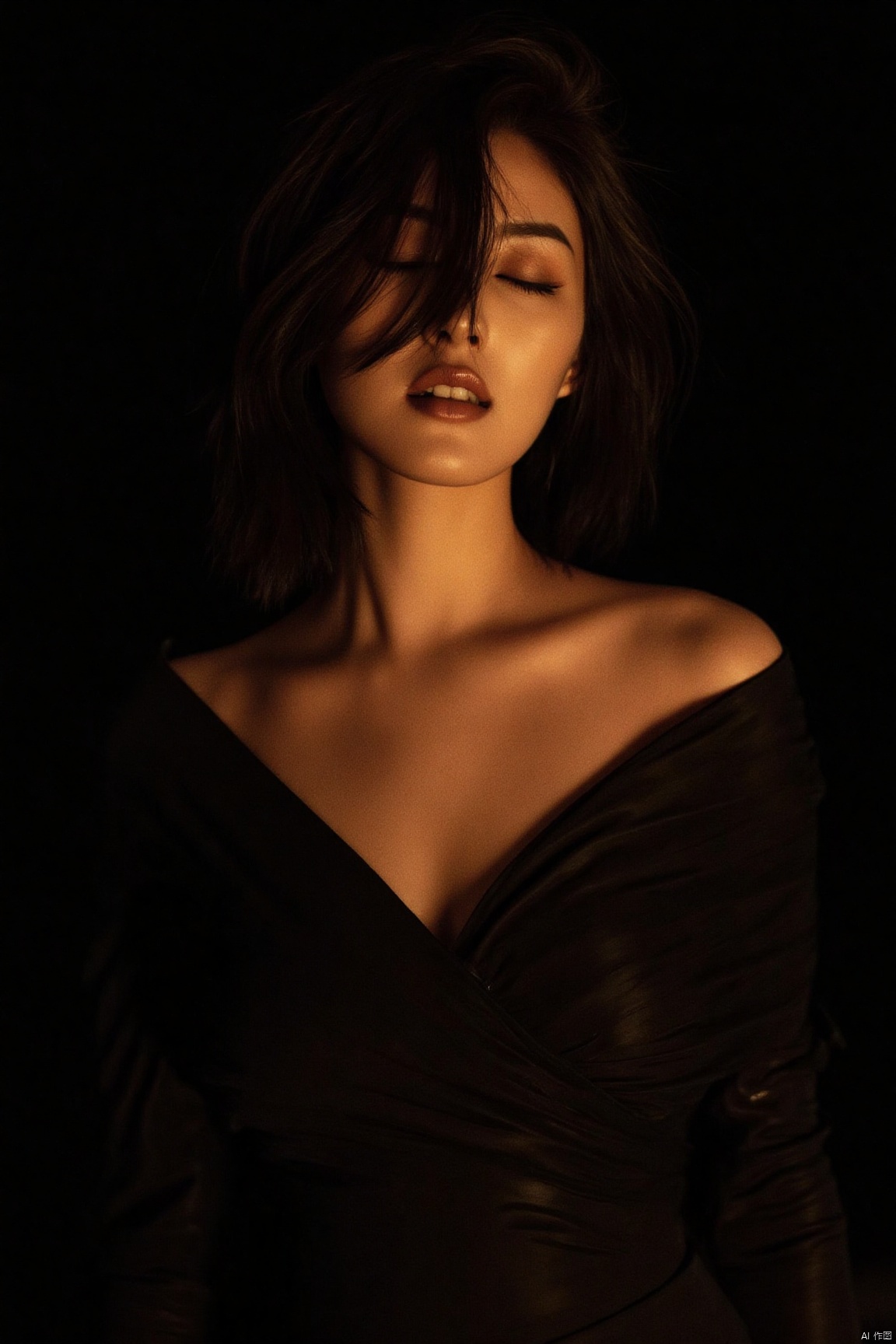 A cinematic masterpiece unfolds on a luxurious, velvety black background. A stunning female figure, radiating inner beauty, stands center frame, her porcelain skin glowing under warm golden lighting. Her raven tresses cascade down her back like night's dark mystery, framing her flawless features. Eyes closed, she seems lost in the moment, her full lips subtly curved into a serene smile.reinforcing the film's high production value.,plns,cher