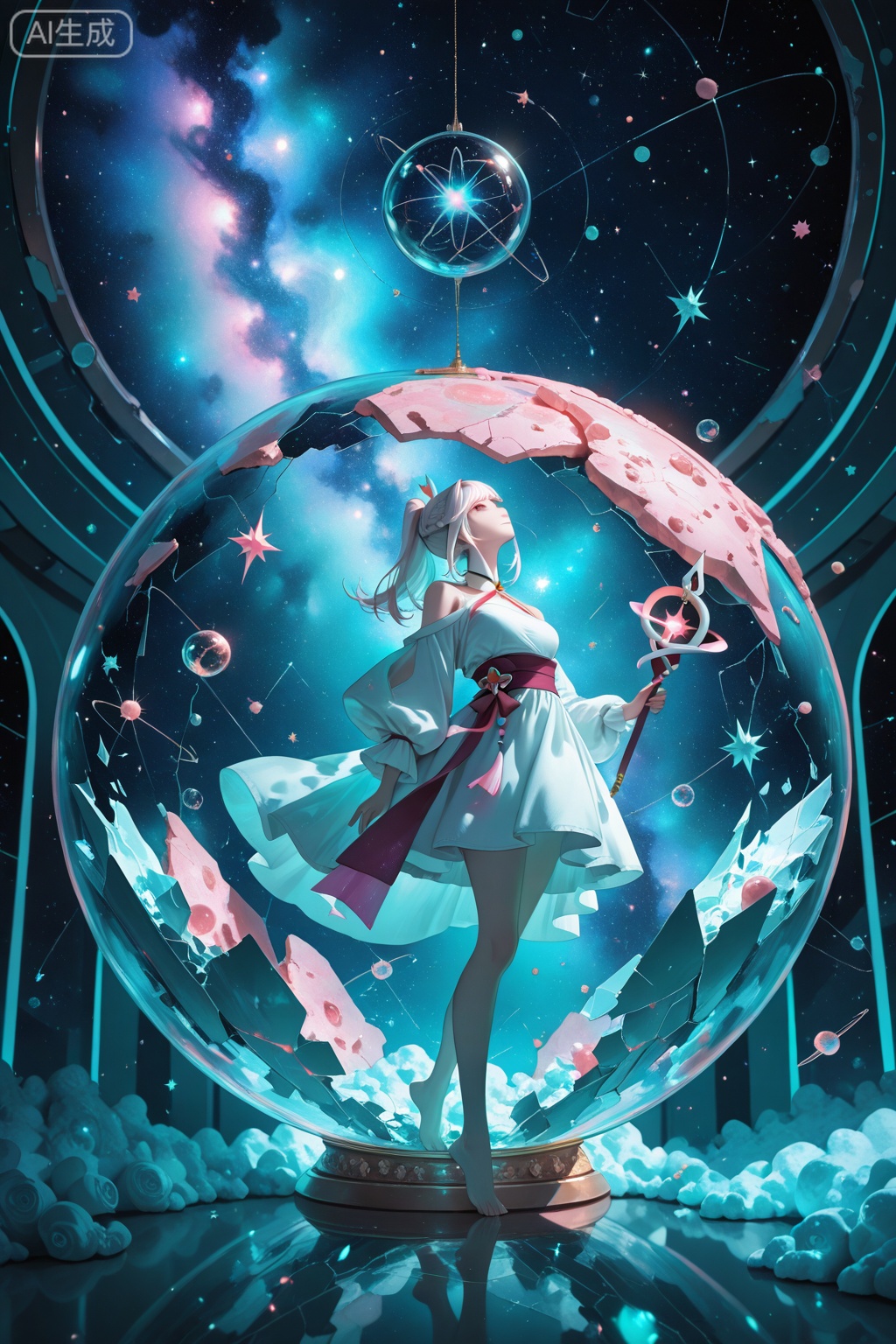 ((green, silver, glimmer,pink)), limited palette, contrast, phenomenal aesthetic, best quality, sumptuous artwork, (masterpiece), (best quality), (ultra-detailed), (((illustration))), ((an extremely delicate and beautiful)), (detailed light), 1girl, cold theme, broken glass, broken wall, ((an array of stars)), ((starry sky)), the Milky Way, star, Reflecting the starry water surface, (1girl:1.3)aqua theme, white hair, blinking, white dress, closed mouth, constel lation, flat color, noline art, full Glass sphere, girl inside glass sphere, white hair, braid, blinking, white robe, bust \(sculpture\), barefoot, float, closed mouth, constel lation, flat color, holding, holding wand, looking up, standing, male focus, medium hair, standing, solo, space, universe, utaite(singer), Nebula, many stars,fanxing,sparkling dress, WuLight, backlight, houtufeng, sky