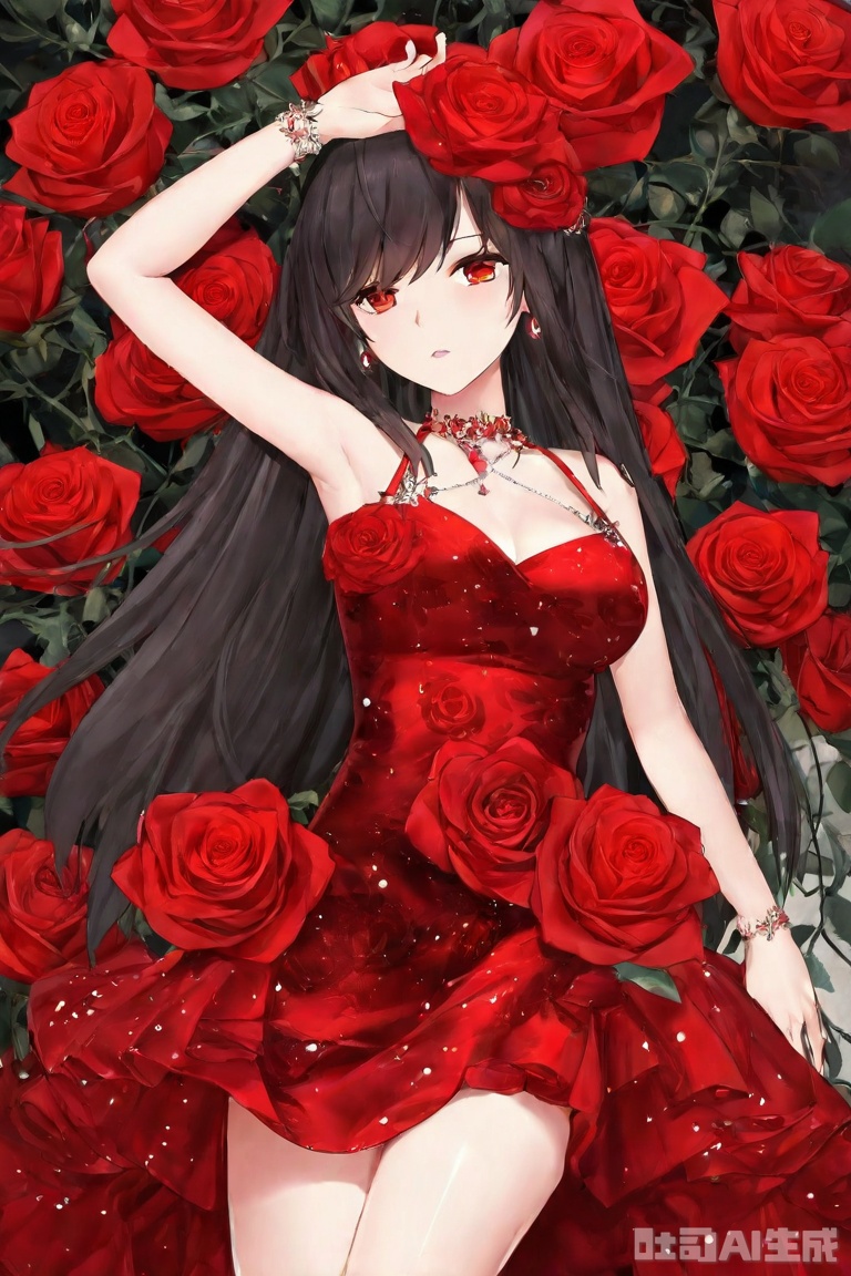 1girl wear a red rose dress.