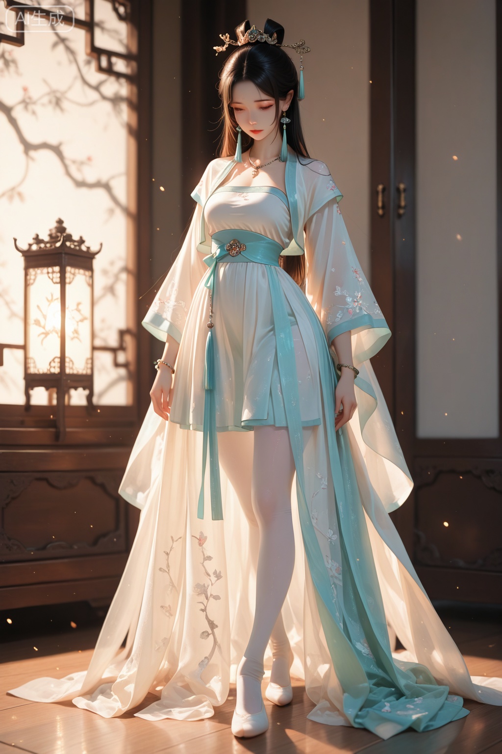 Realism: 1.3, masterpiece, highest quality, high resolution, details: 1.2, 1 girl, hair clip, beautiful face, delicate eyes, tassel earrings, necklace, bracelet, Hanfu, Su embroidered Hanfu, ribbons, elegant standing posture, aesthetics, movie lighting, light tracing, depth of field, layering, fluttering, Hanfu, full body, black and white pantyhose