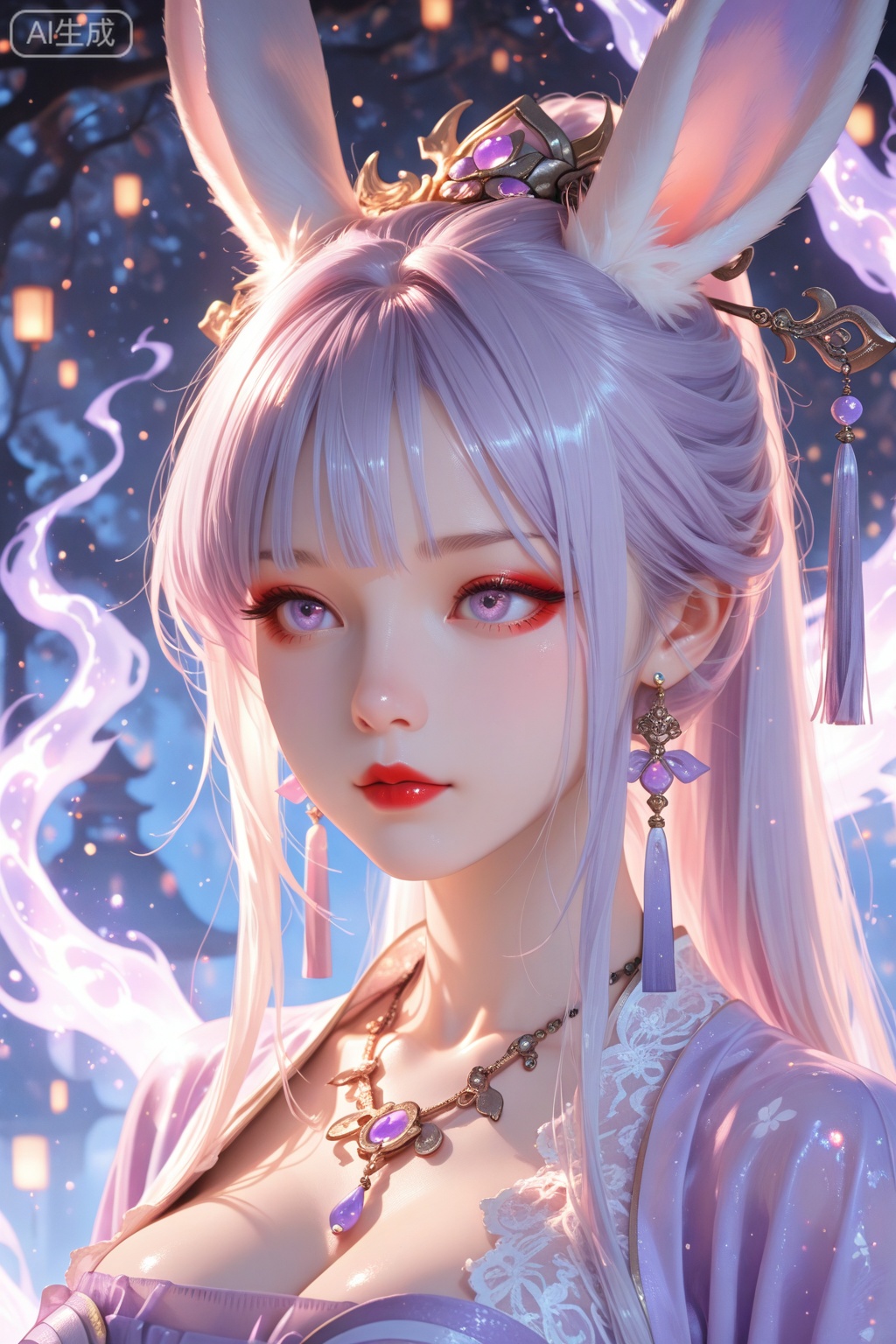 1 Beauty in Hanfu, Thin purple silk shirt,White,Variety of textures, White lace blouse, Platinum purple long ponytail, hair accessories, earring, light purple rabbit ears, Necklaces and Necklaces, Carefully drawn big purple eyes, Detailed makeup, thin eyebrows, high nose, cute red lips, no smile, purse lips, red face, broad chest, big breasts , Well-proportioned breasts, slim waist, Purple fishnet stockings, Chinese Hanfu style, fictional art texture, The colors are vivid and true to life, original photo, Realistic photos, Ultra-high quality 8k hyper-realistic photos, (Effective fantasy lighting effects: 1.8), 10x pixels, magic effect (background): 1.8), super detailed eyes, Girl body portrait, solo girl , Ancient Hanfu background,