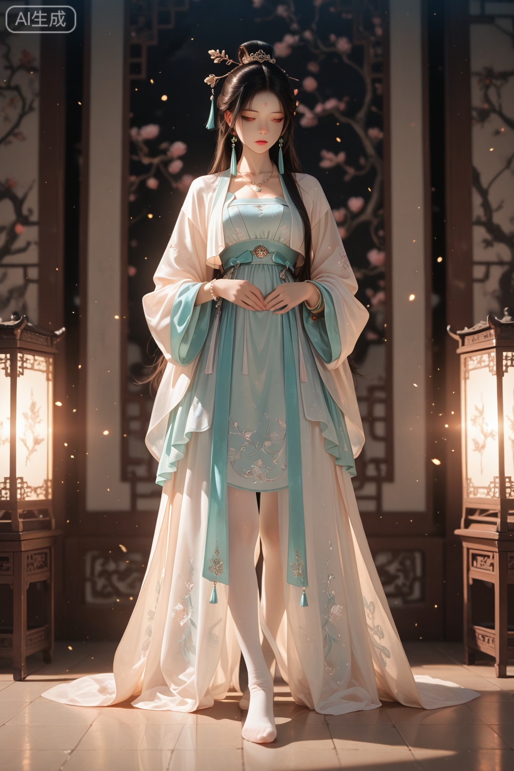 Realism: 1.3, masterpiece, highest quality, high resolution, details: 1.2, 1 girl, hair clip, beautiful face, delicate eyes, tassel earrings, necklace, bracelet, Hanfu, Su embroidered Hanfu, ribbons, elegant standing posture, aesthetics, movie lighting, light tracing, depth of field, layering, fluttering, Hanfu, full body, black and white pantyhose