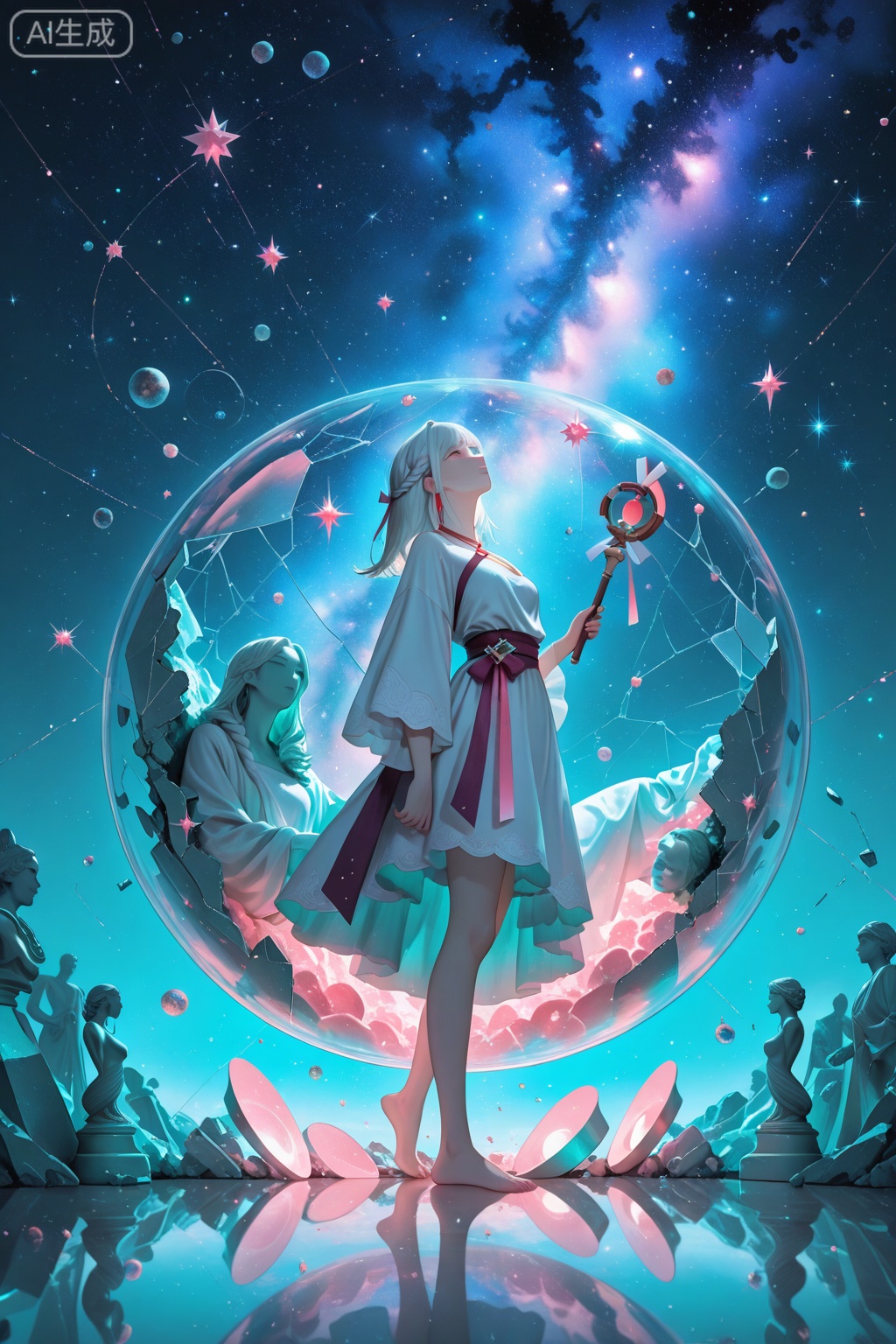 ((green, silver, glimmer,pink)), limited palette, contrast, phenomenal aesthetic, best quality, sumptuous artwork, (masterpiece), (best quality), (ultra-detailed), (((illustration))), ((an extremely delicate and beautiful)), (detailed light), 1girl, cold theme, broken glass, broken wall, ((an array of stars)), ((starry sky)), the Milky Way, star, Reflecting the starry water surface, (1girl:1.3)aqua theme, white hair, blinking, white dress, closed mouth, constel lation, flat color, noline art, full Glass sphere, girl inside glass sphere, white hair, braid, blinking, white robe, bust \(sculpture\), barefoot, float, closed mouth, constel lation, flat color, holding, holding wand, looking up, standing, male focus, medium hair, standing, solo, space, universe, utaite(singer), Nebula, many stars,fanxing,sparkling dress, WuLight, backlight, houtufeng, sky