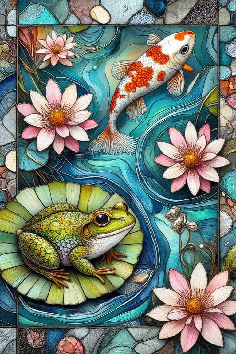Create a stained glass collage artwork depicting a green frog resting under a green lilypad,  surrounded by pink-white wat...