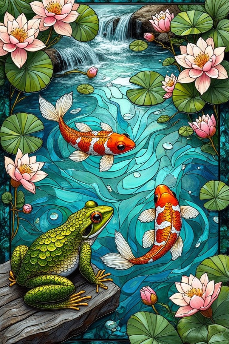 Elaborate stained glass collage artwork depicting a a green frog resting under a green lilypad ,  pink - white water lily...