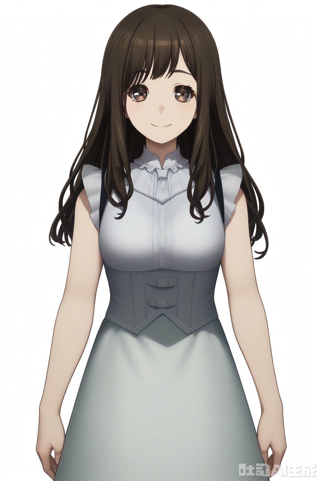 masterpiece, best quality,solo,((white background:1.2)),simple background,
looking at viewer,mana,1girl, long hair, smile, brown hair,bangs,brown eyes