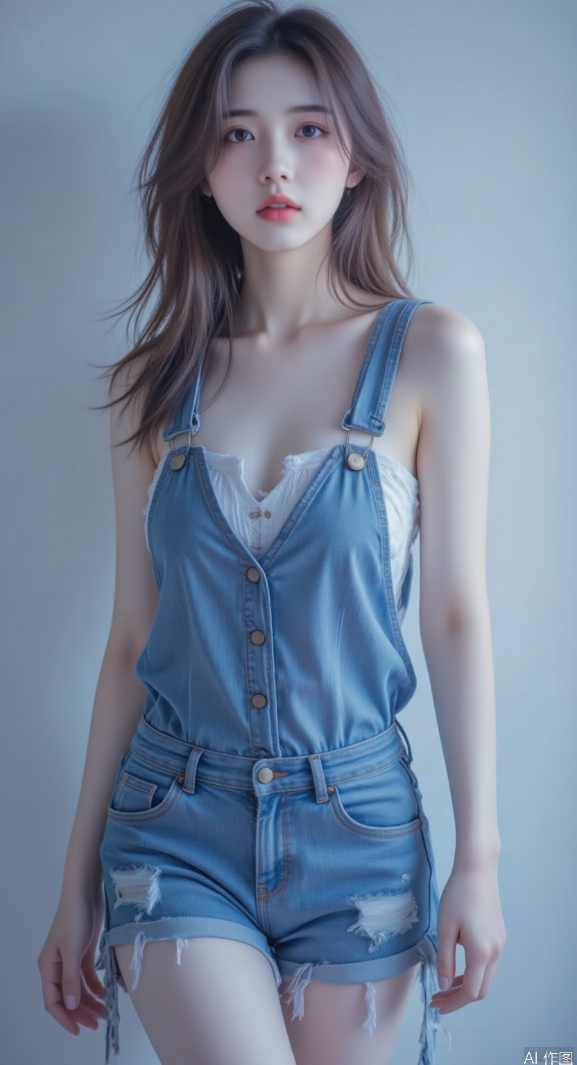 Masterpiece, best quality, high quality, (colorful),, (blue hair: 1.4), (long legs: 1.3),photorealistic,high detailed,((full body)), ((Stunning)), ((8K)), ((Breathtaking)), ((Astounding)), ((Captivating)), ((Spectacular)), 1girl, long  hair, short Squirtle sleeveless overalls, cute face, brown hair, elegan pose,Realism, tassel,,Real photos,